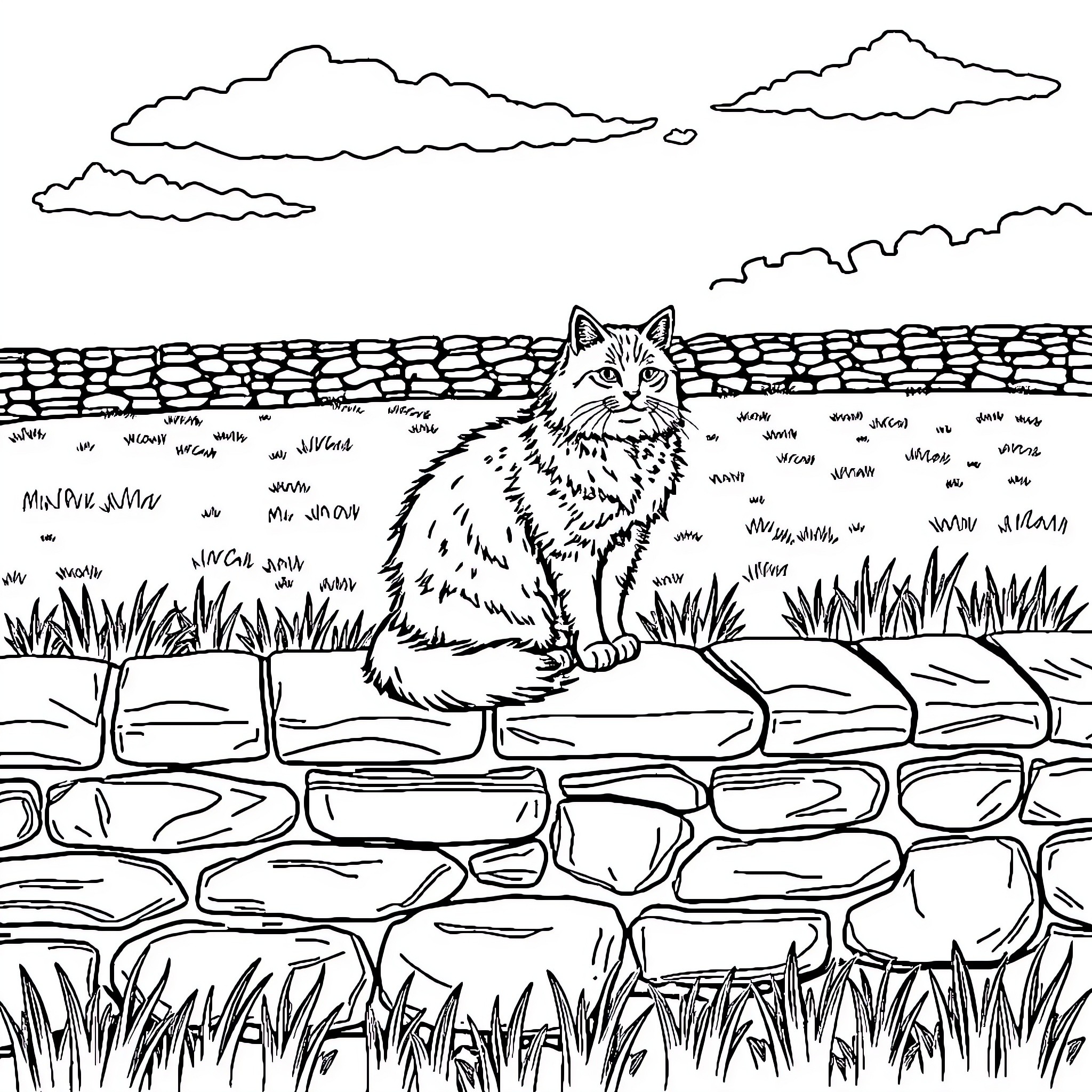 Cat contemplating the countryside landscape Coloring Page (free black-and-white line drawing printable PDF for all, from beginners to advanced learners, including children, teens, adults, and seniors)