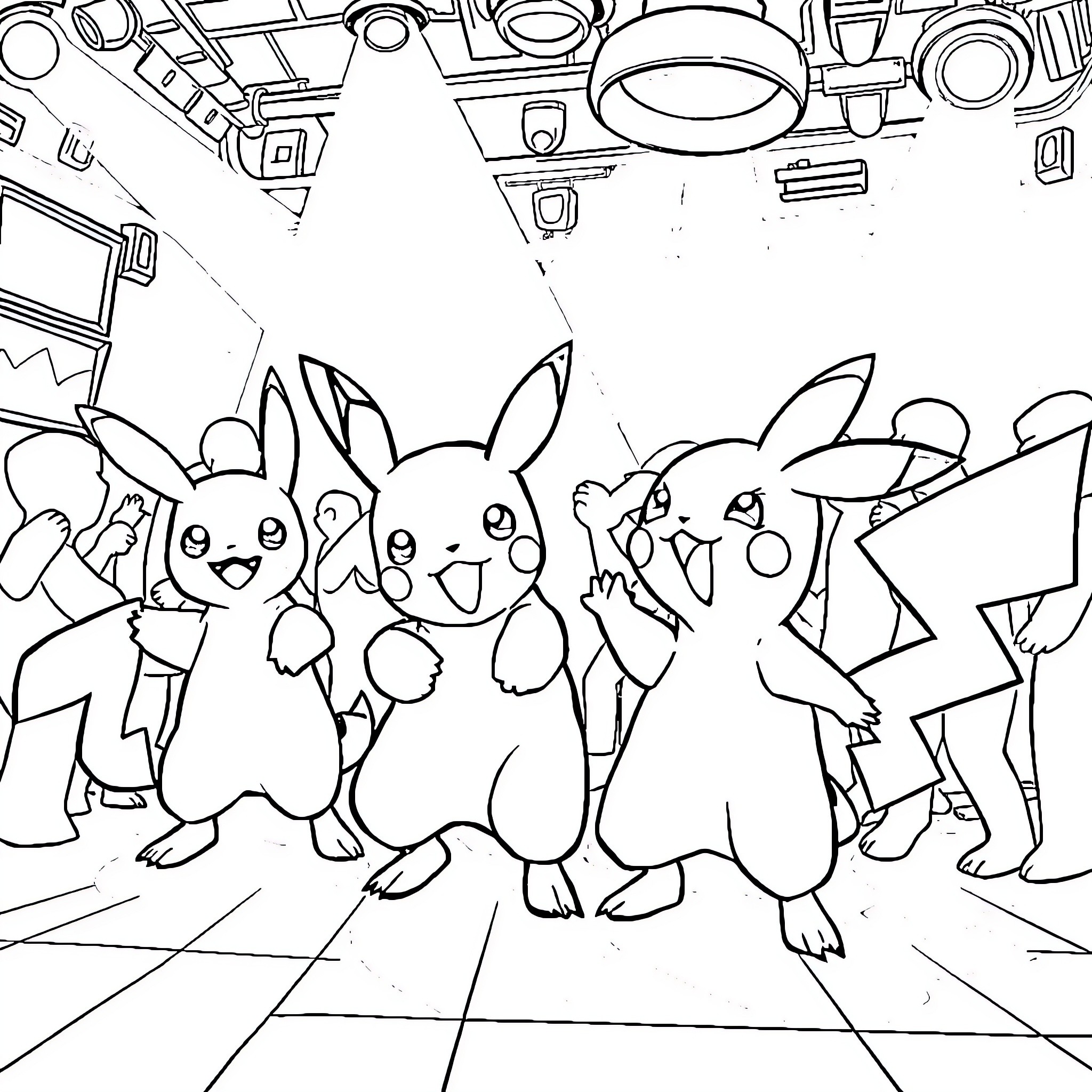 Pokémon Pikachu and friends posing together Coloring Page (free black-and-white line drawing printable PDF for all, from beginners to advanced learners, including children, teens, adults, and seniors)