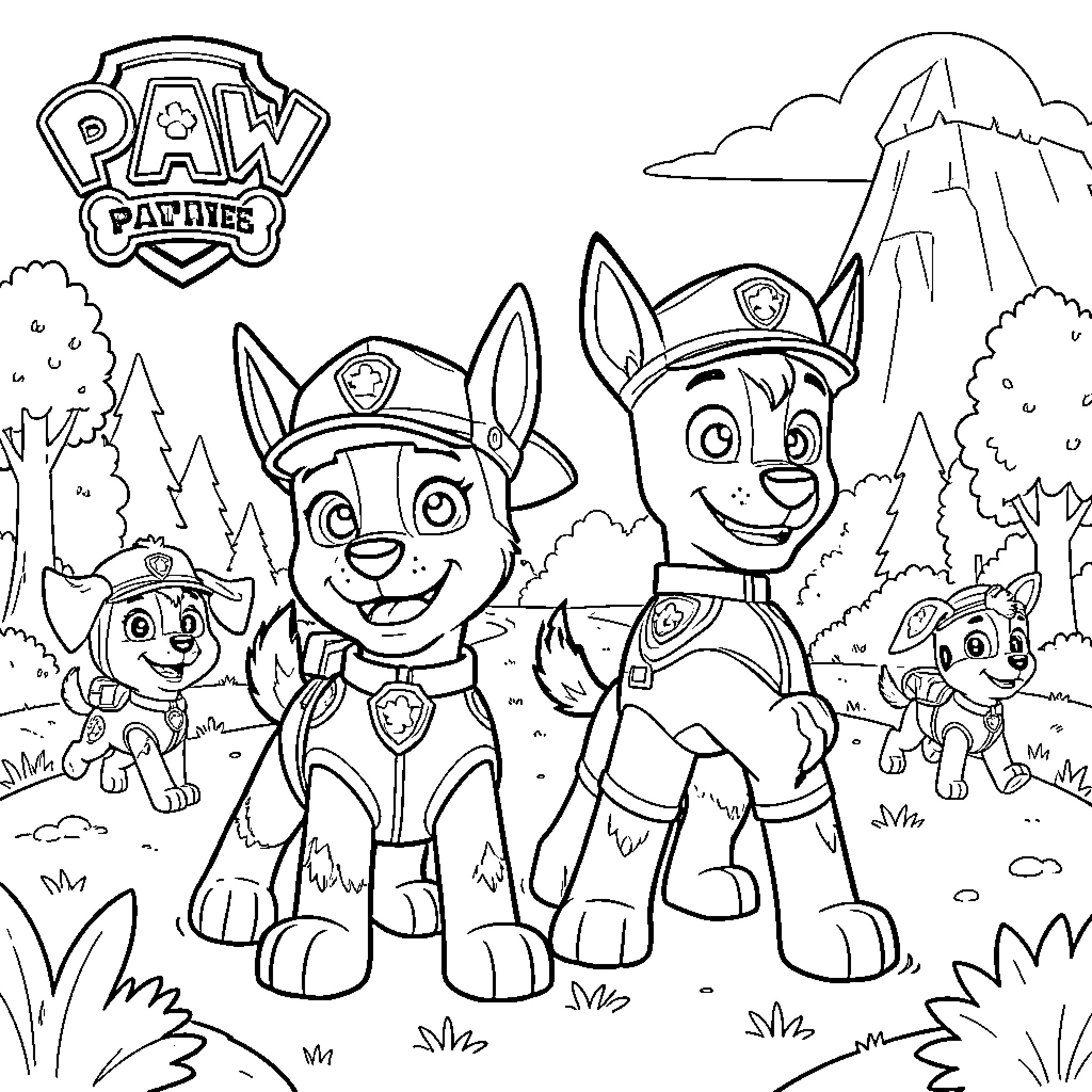 Chase and friends posing together in a forest scene Coloring Page (free black-and-white line drawing printable PDF for all, from beginners to advanced learners, including children, teens, adults, and seniors)