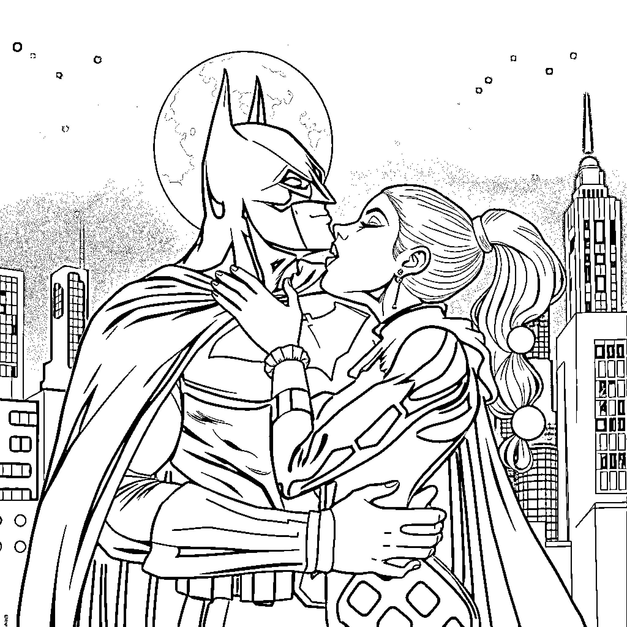 Batman embracing a female superhero in the city Coloring Page (free black-and-white line drawing printable PDF for all, from beginners to advanced learners, including children, teens, adults, and seniors)