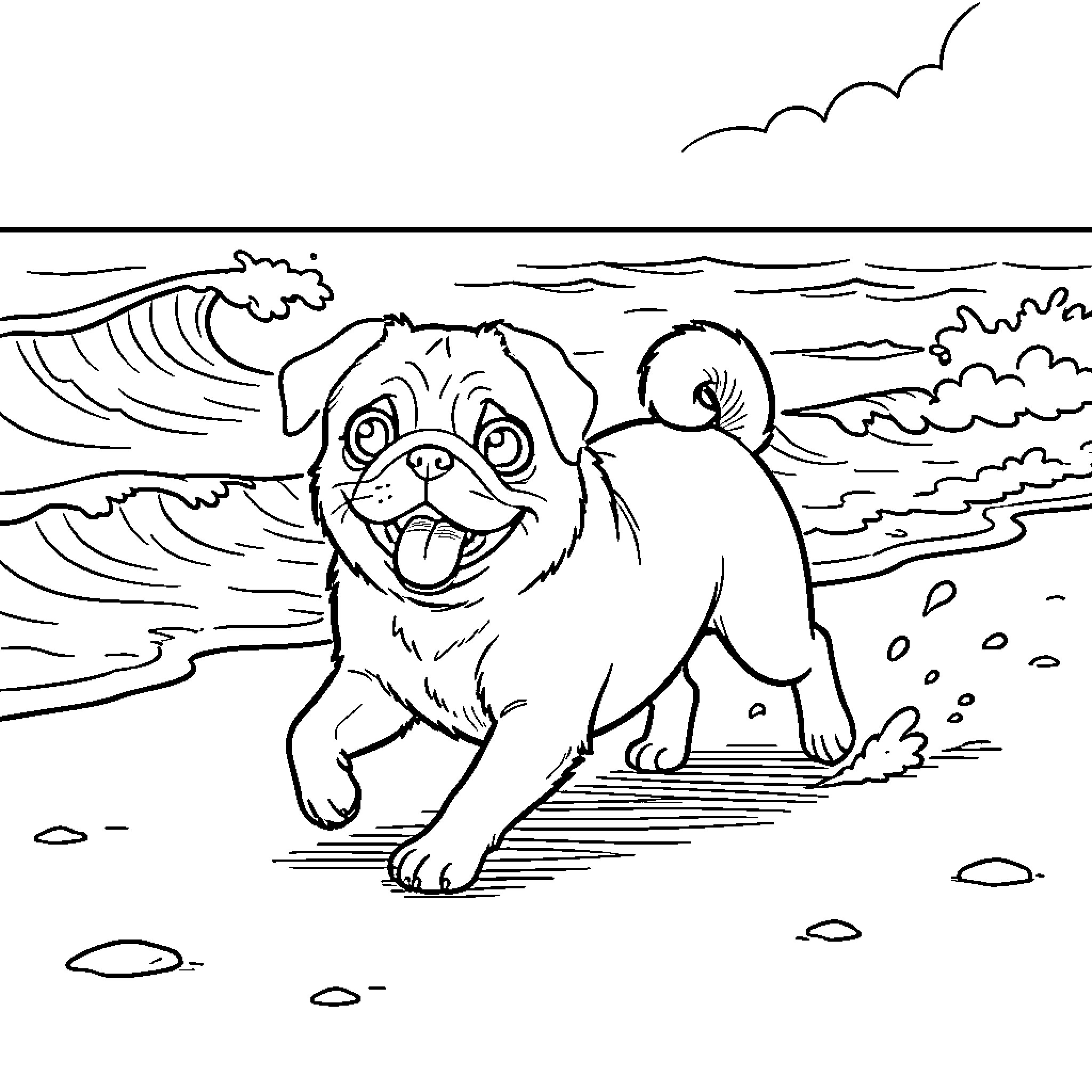 Pug running happily along the beach waves Coloring Page (free black-and-white line drawing printable PDF for all, from beginners to advanced learners, including children, teens, adults, and seniors)