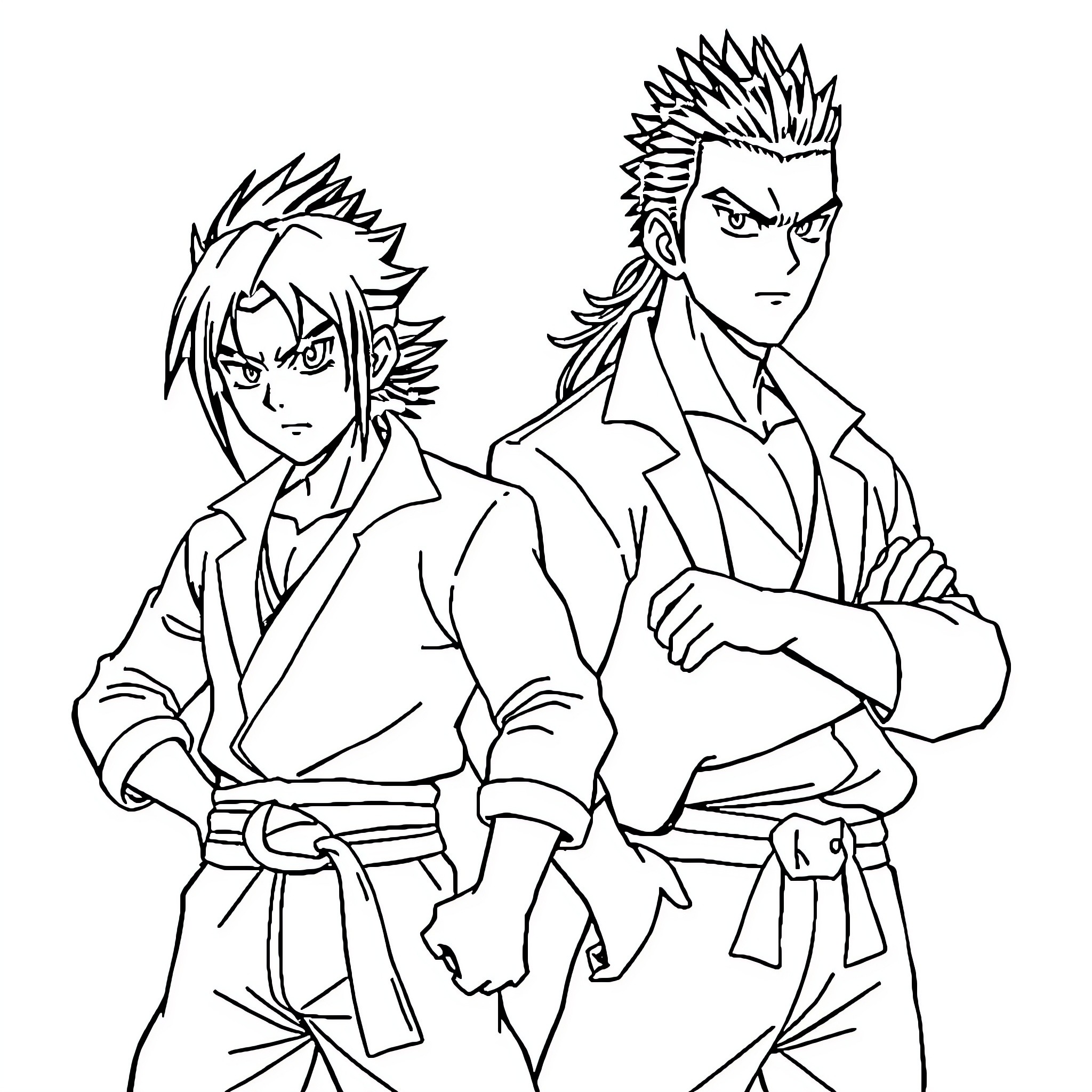 Tanjiro and Nezuko in fierce martial arts stances Coloring Page (free black-and-white line drawing printable PDF for all, from beginners to advanced learners, including children, teens, adults, and seniors)