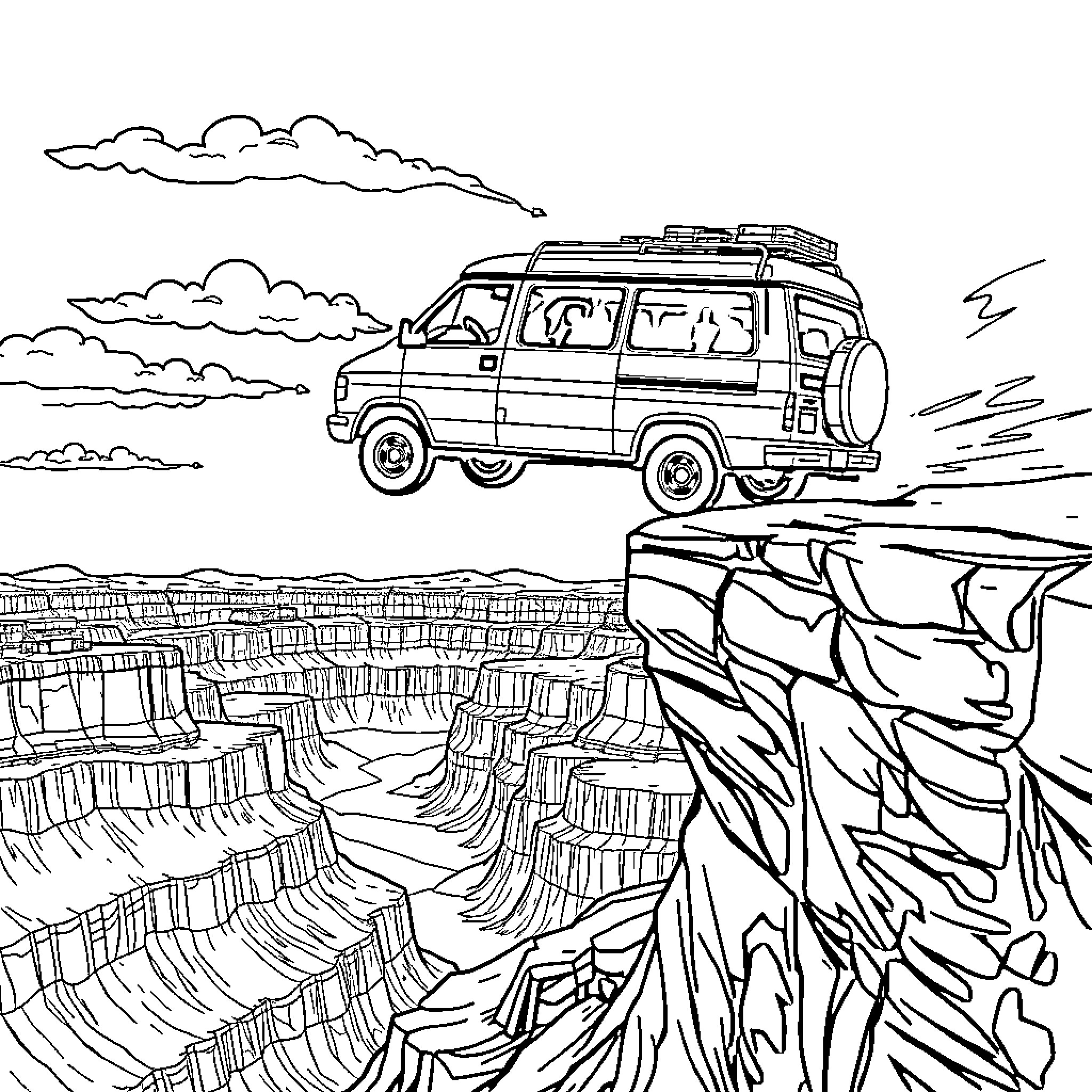 Minivan traversing rugged mountain terrain Coloring Page (free black-and-white line drawing printable PDF for all, from beginners to advanced learners, including children, teens, adults, and seniors)