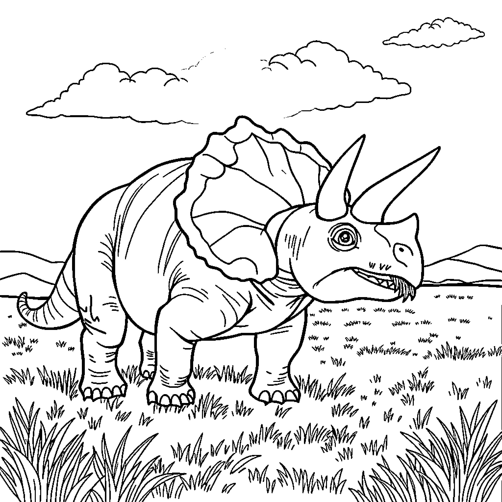 Triceratops exploring the prehistoric landscape Coloring Page (free black-and-white line drawing printable PDF for all, from beginners to advanced learners, including children, teens, adults, and seniors)
