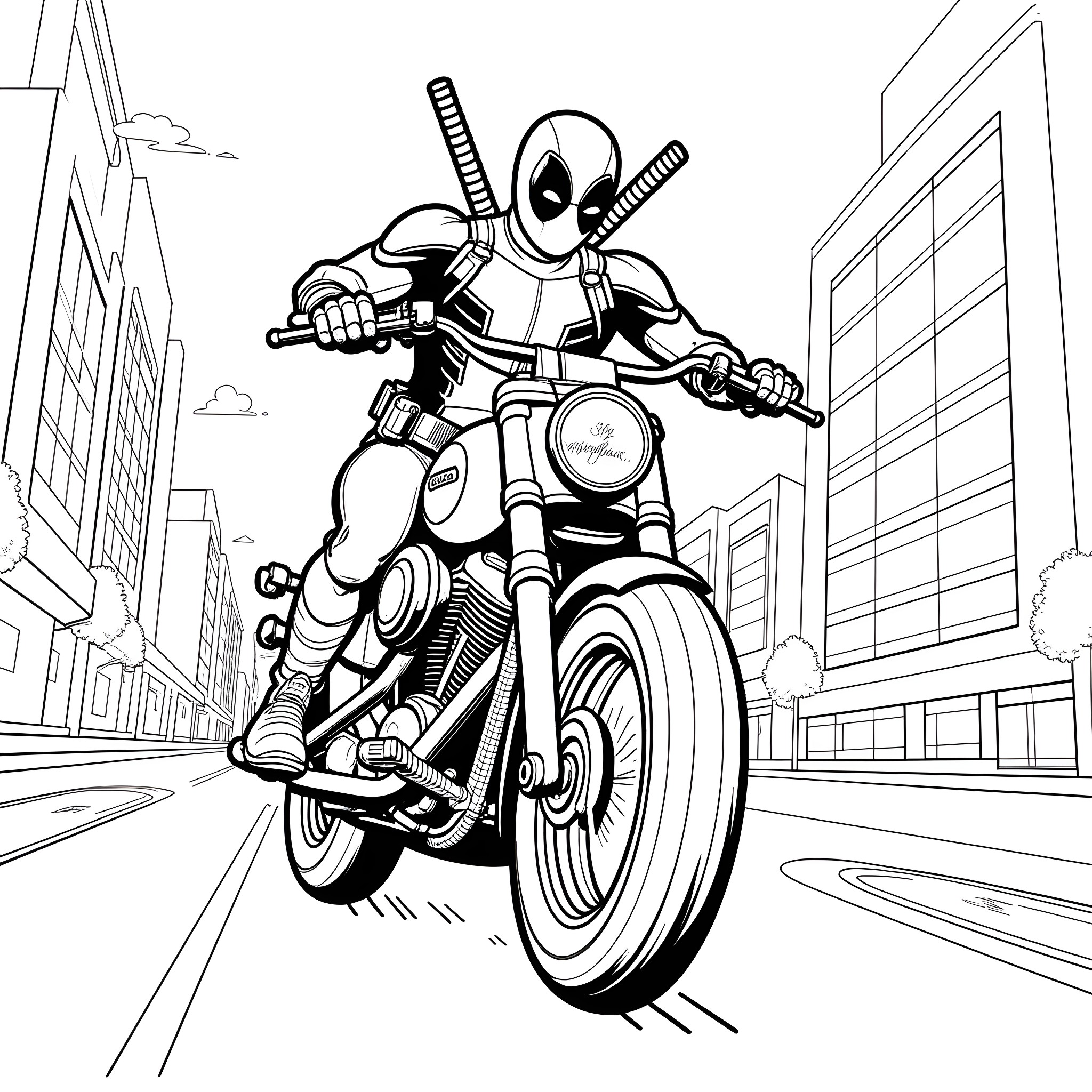 Deadpool's High-Speed Motorcycle Shenanigans Coloring Page (free black-and-white line drawing printable PDF for all, from beginners to advanced learners, including children, teens, adults, and seniors)