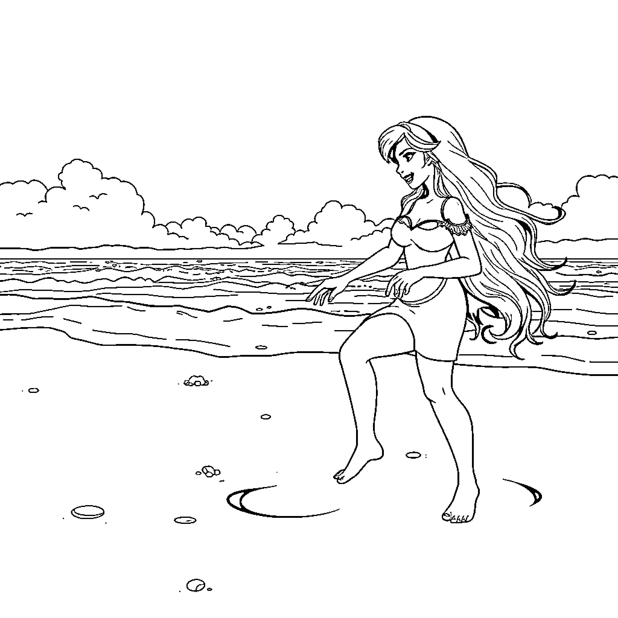 Merlina enjoying a day at the beach Coloring Page (free black-and-white line drawing printable PDF for all, from beginners to advanced learners, including children, teens, adults, and seniors)