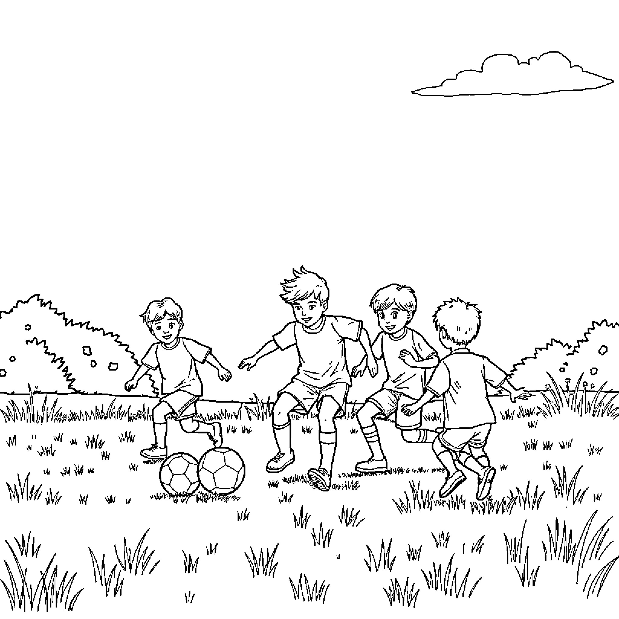 Soccer players enjoying game outdoors Coloring Page (free black-and-white line drawing printable PDF for all, from beginners to advanced learners, including children, teens, adults, and seniors)