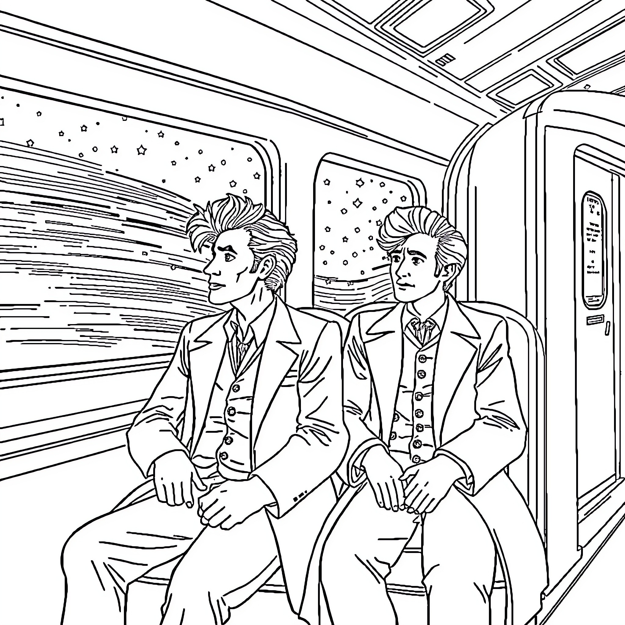 Doctor's Intriguing Journey on the Train Coloring Page (free black-and-white line drawing printable PDF for all, from beginners to advanced learners, including children, teens, adults, and seniors)