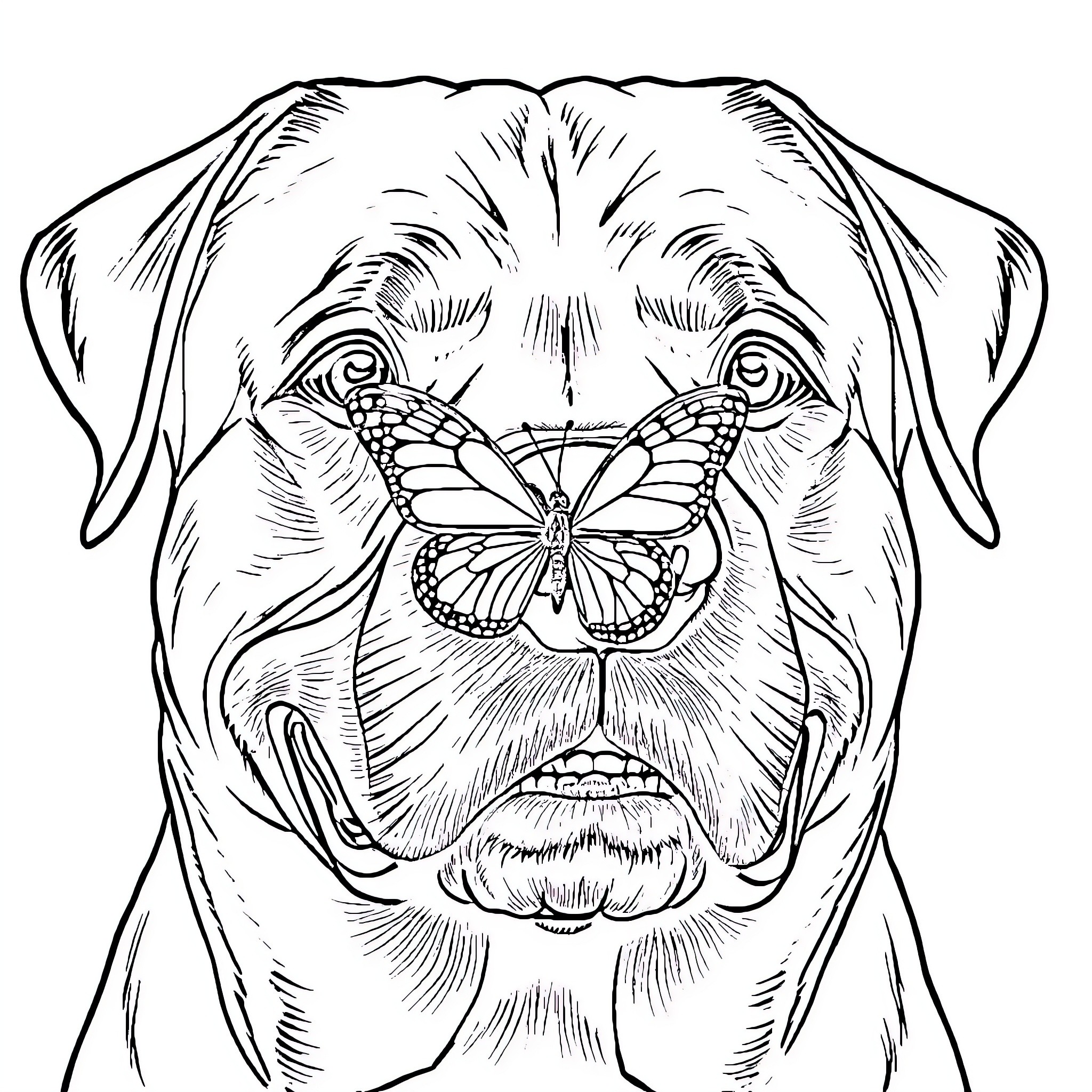 Rottweiler with butterfly on its nose Coloring Page (free black-and-white line drawing printable PDF for all, from beginners to advanced learners, including children, teens, adults, and seniors)