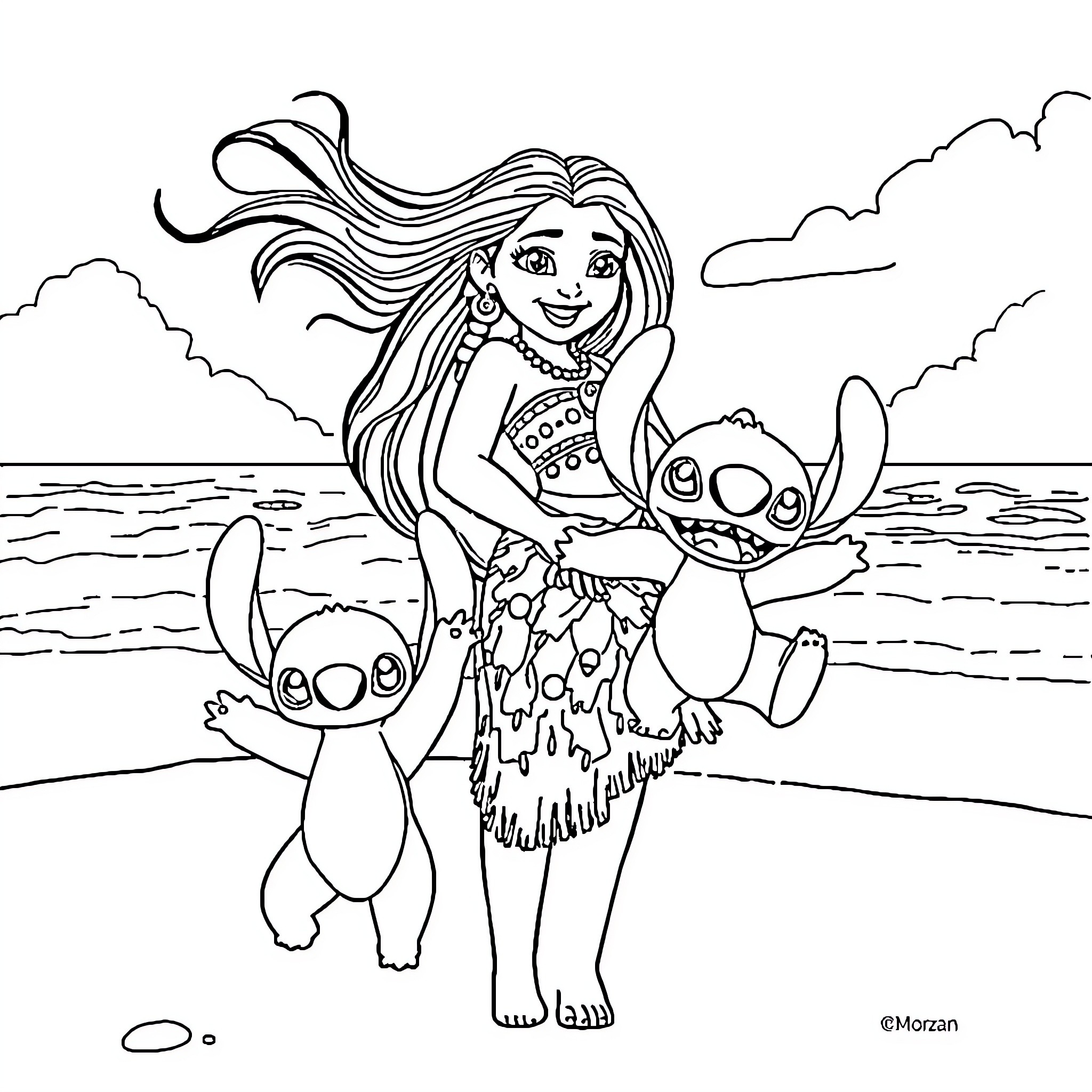 Moana embracing the curious Stitch on the beach Coloring Page (free black-and-white line drawing printable PDF for all, from beginners to advanced learners, including children, teens, adults, and seniors)