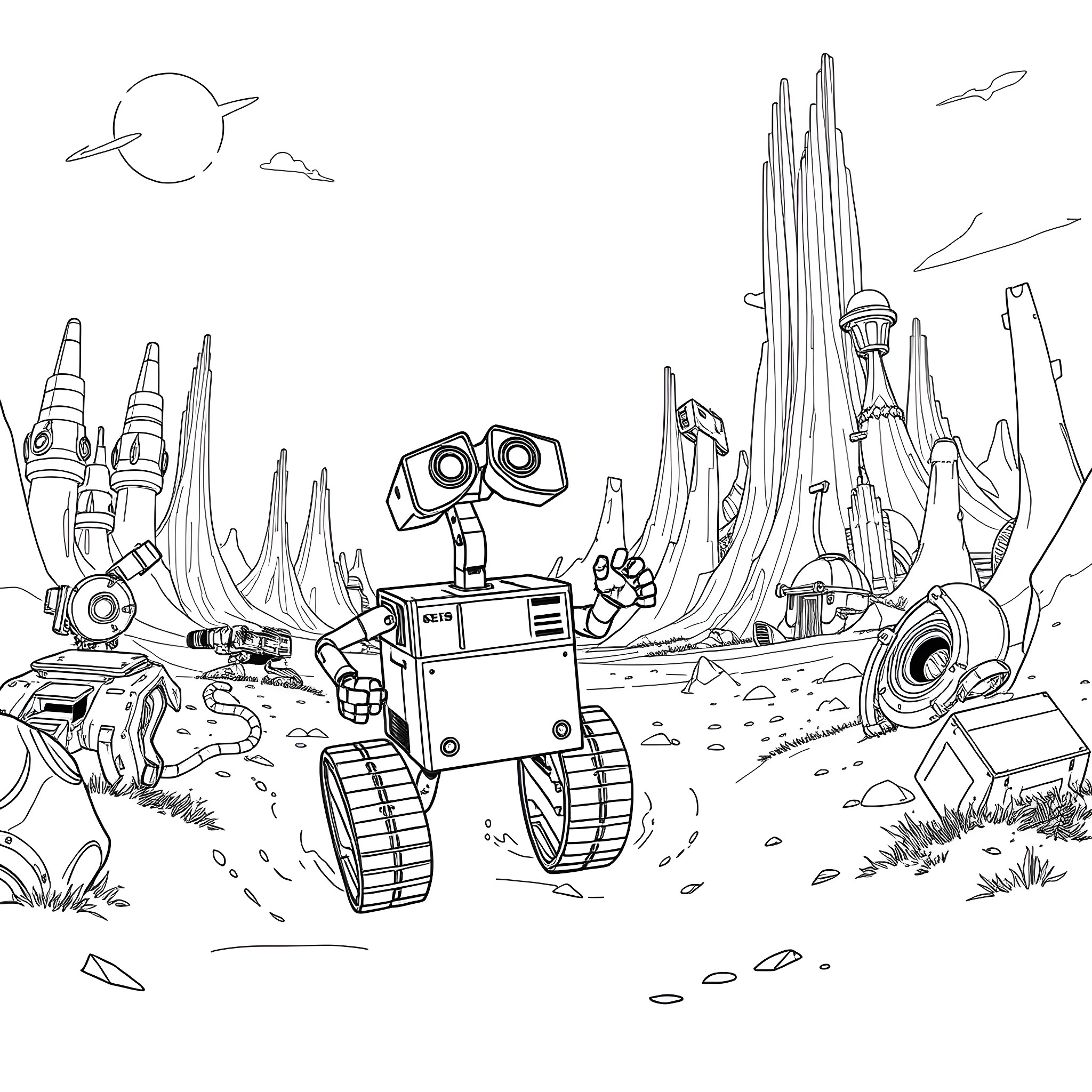 Wall-E exploring an alien landscape with technology Coloring Page (free black-and-white line drawing printable PDF for all, from beginners to advanced learners, including children, teens, adults, and seniors)