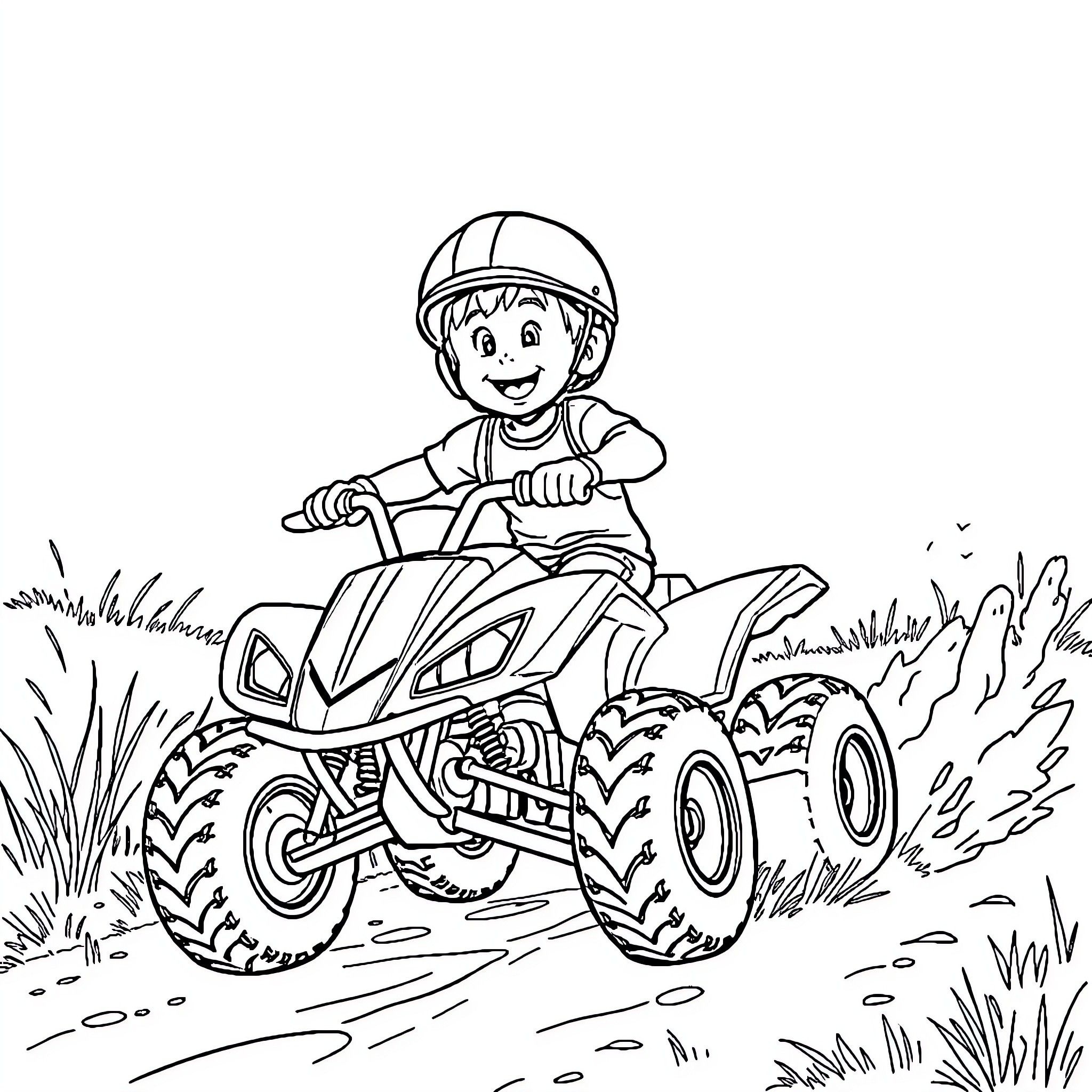 Boy riding an off-road vehicle in the outdoors Coloring Page (free black-and-white line drawing printable PDF for all, from beginners to advanced learners, including children, teens, adults, and seniors)