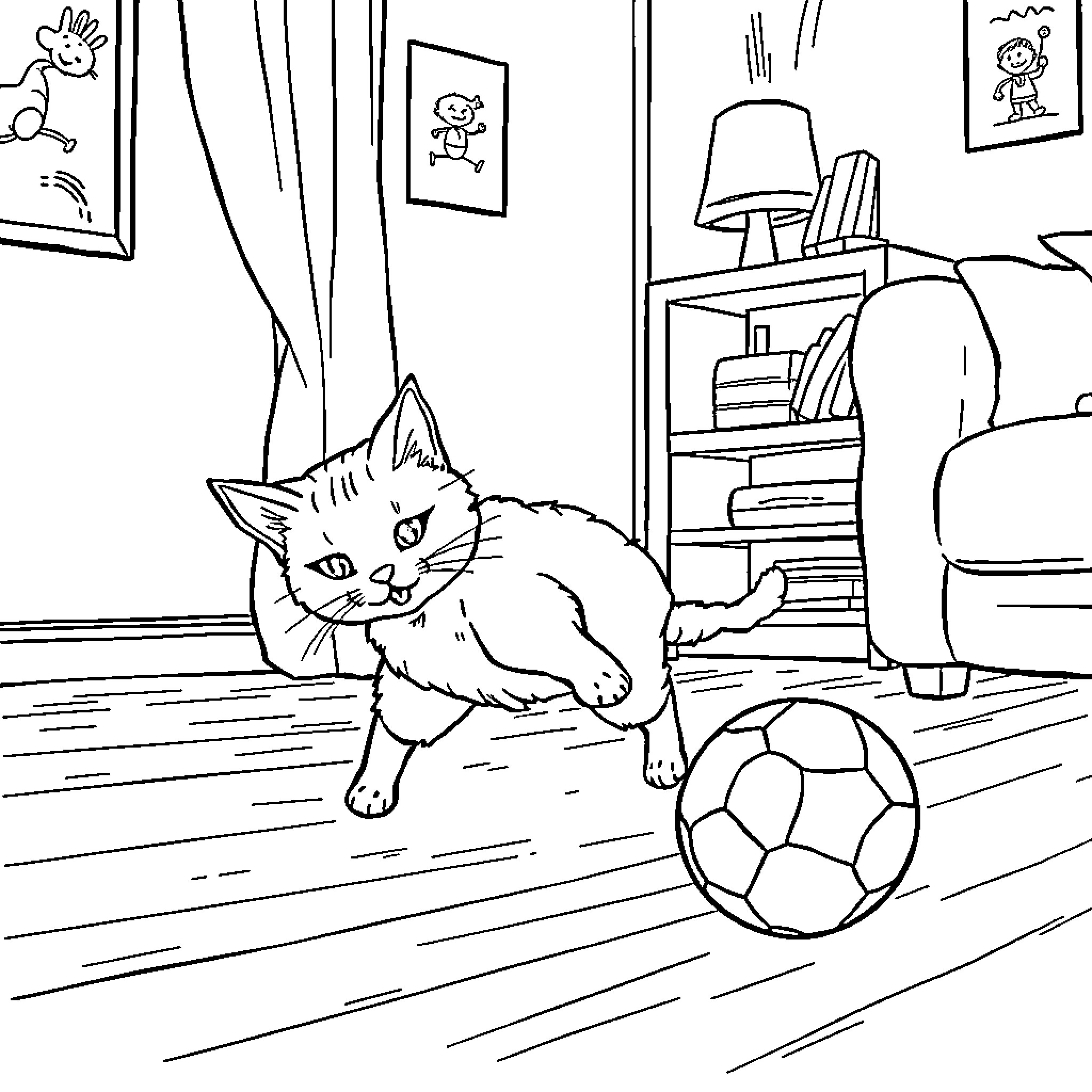 Cat playing with a ball in the room Coloring Page (free black-and-white line drawing printable PDF for all, from beginners to advanced learners, including children, teens, adults, and seniors)