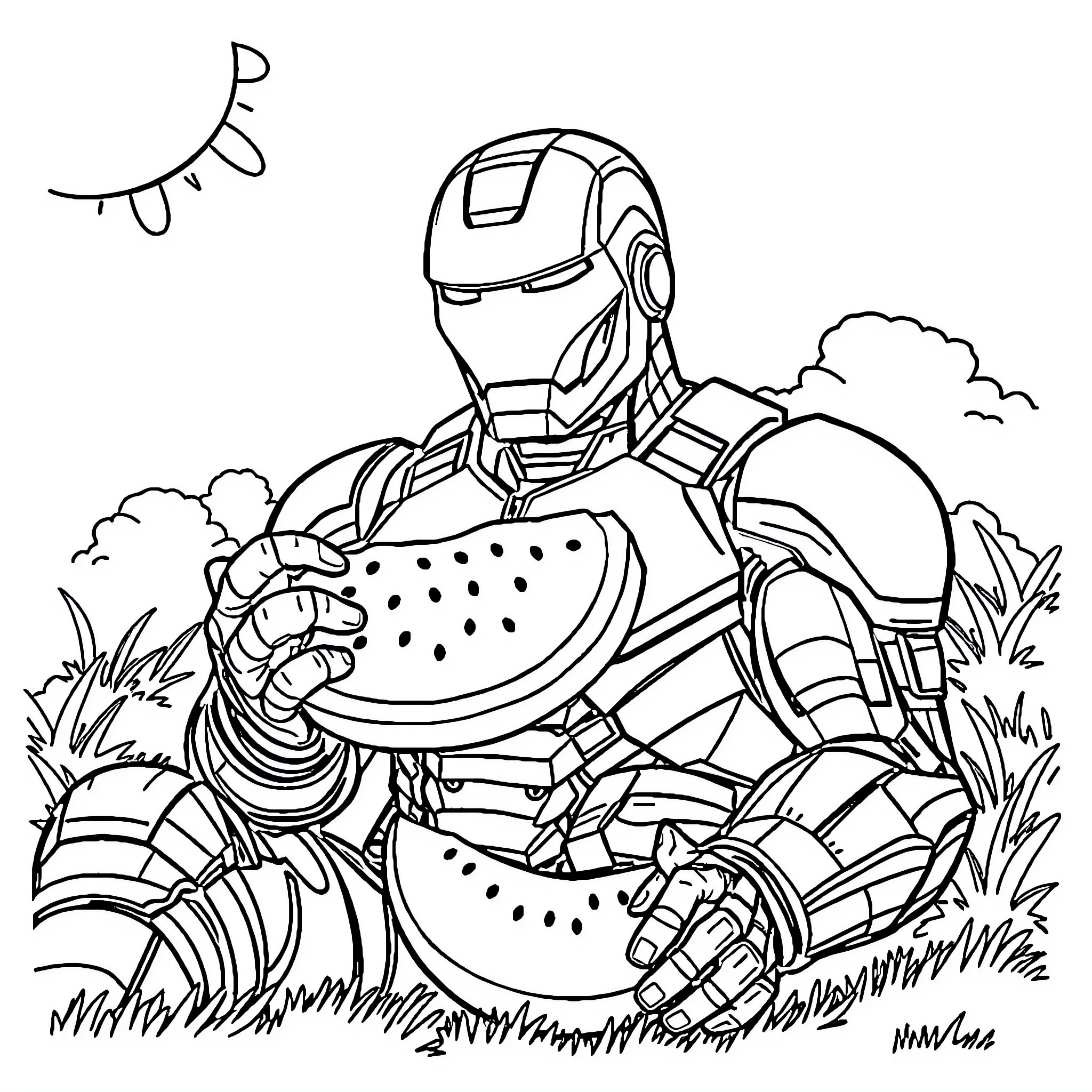 Iron Man relaxing with watermelon in nature Coloring Page (free black-and-white line drawing printable PDF for all, from beginners to advanced learners, including children, teens, adults, and seniors)
