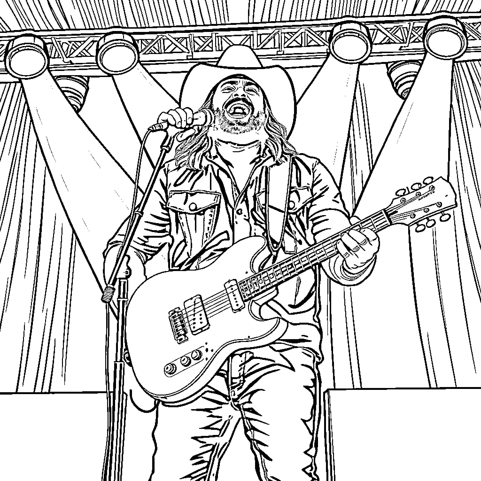 Koe Wetzel performing energetically on stage Coloring Page (free black-and-white line drawing printable PDF for all, from beginners to advanced learners, including children, teens, adults, and seniors)