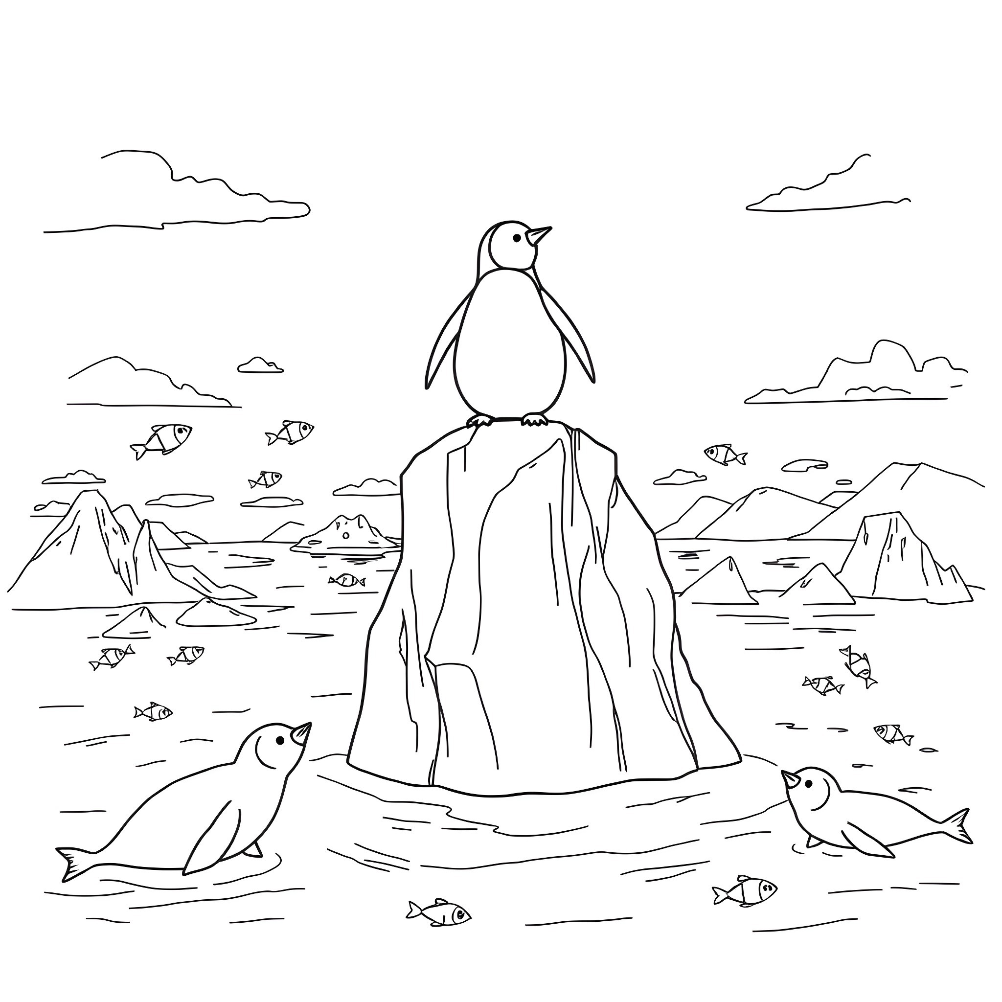 Image of a penguin on an iceberg surrounded by marine life Coloring Page (free black-and-white line drawing printable PDF for all, from beginners to advanced learners, including children, teens, adults, and seniors)