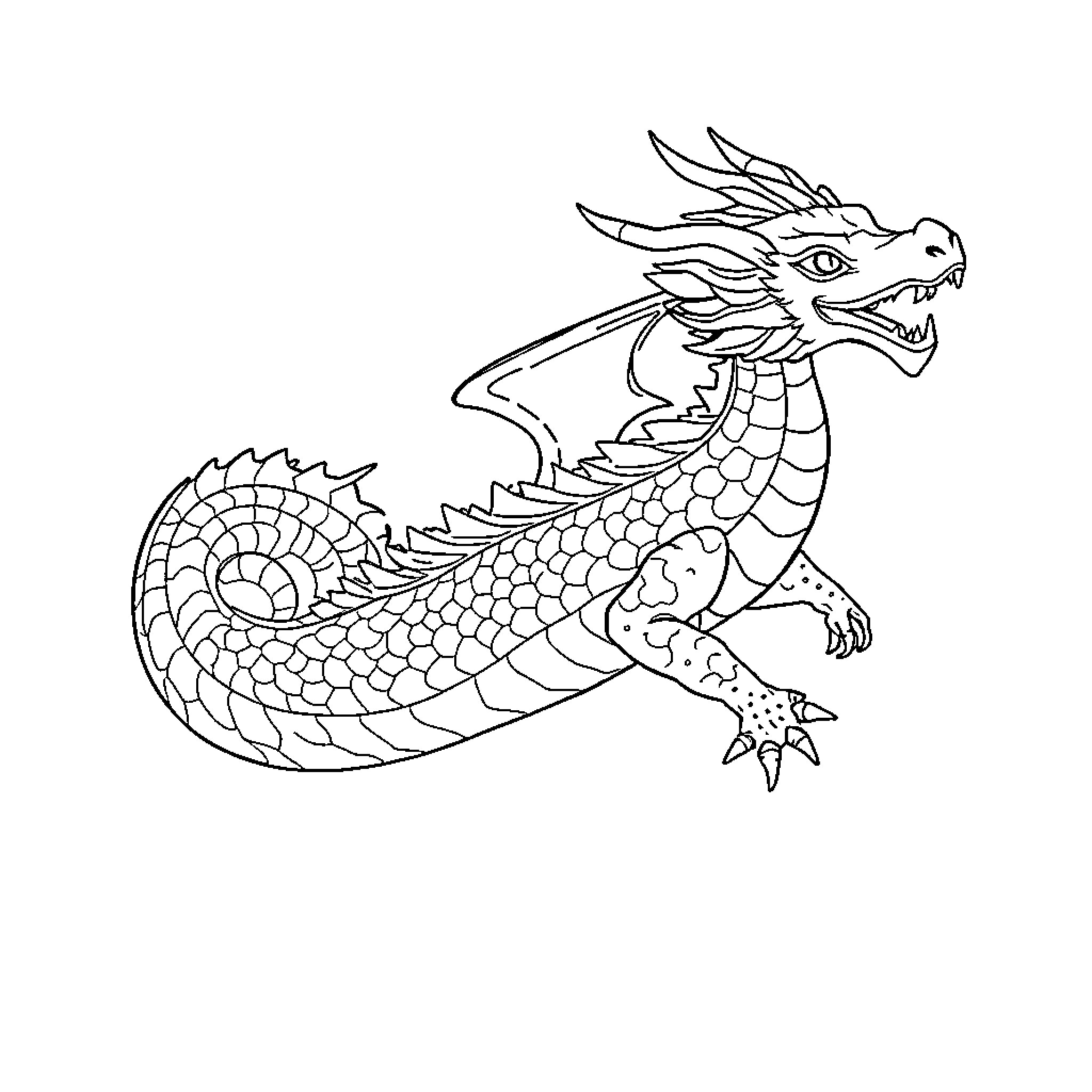 Water Dragon soaring through the air Coloring Page (free black-and-white line drawing printable PDF for all, from beginners to advanced learners, including children, teens, adults, and seniors)