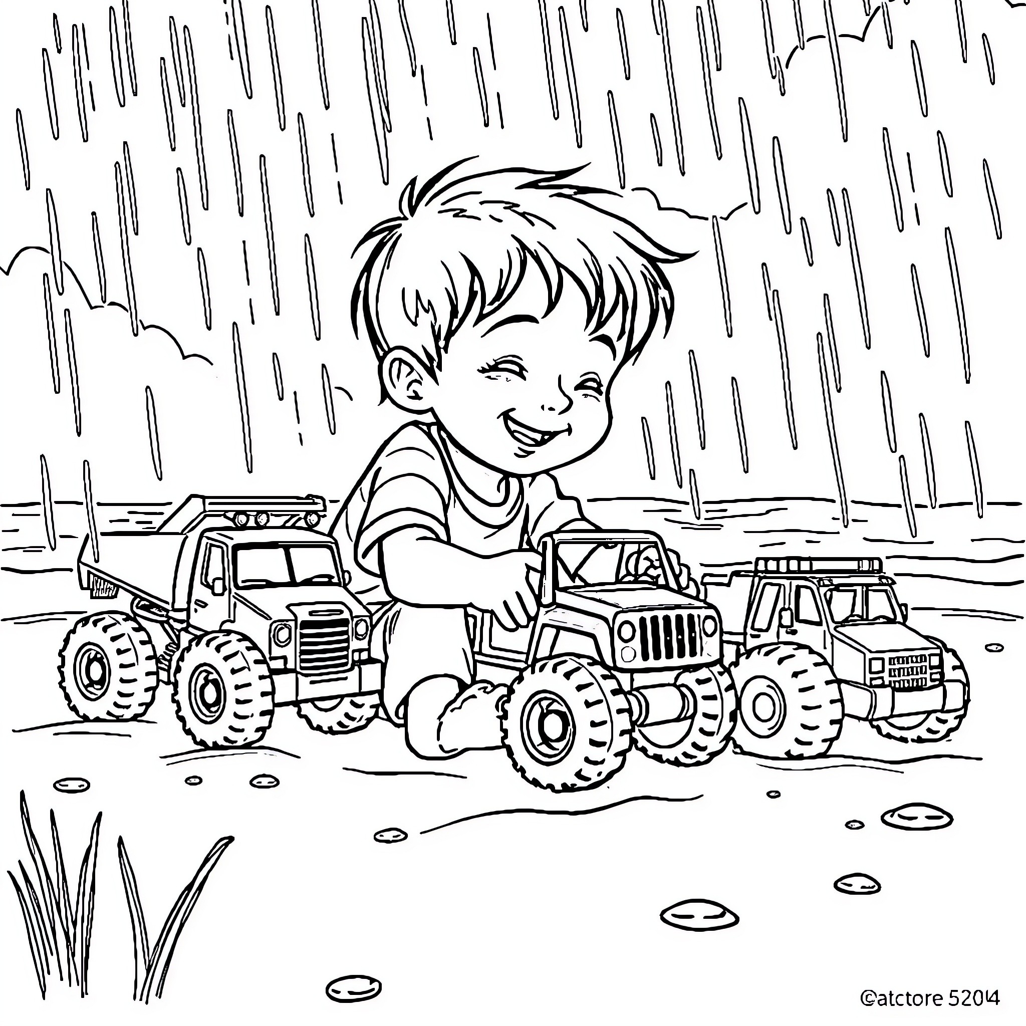 Boy playing happily with toy trucks on rainy day Coloring Page (free black-and-white line drawing printable PDF for all, from beginners to advanced learners, including children, teens, adults, and seniors)