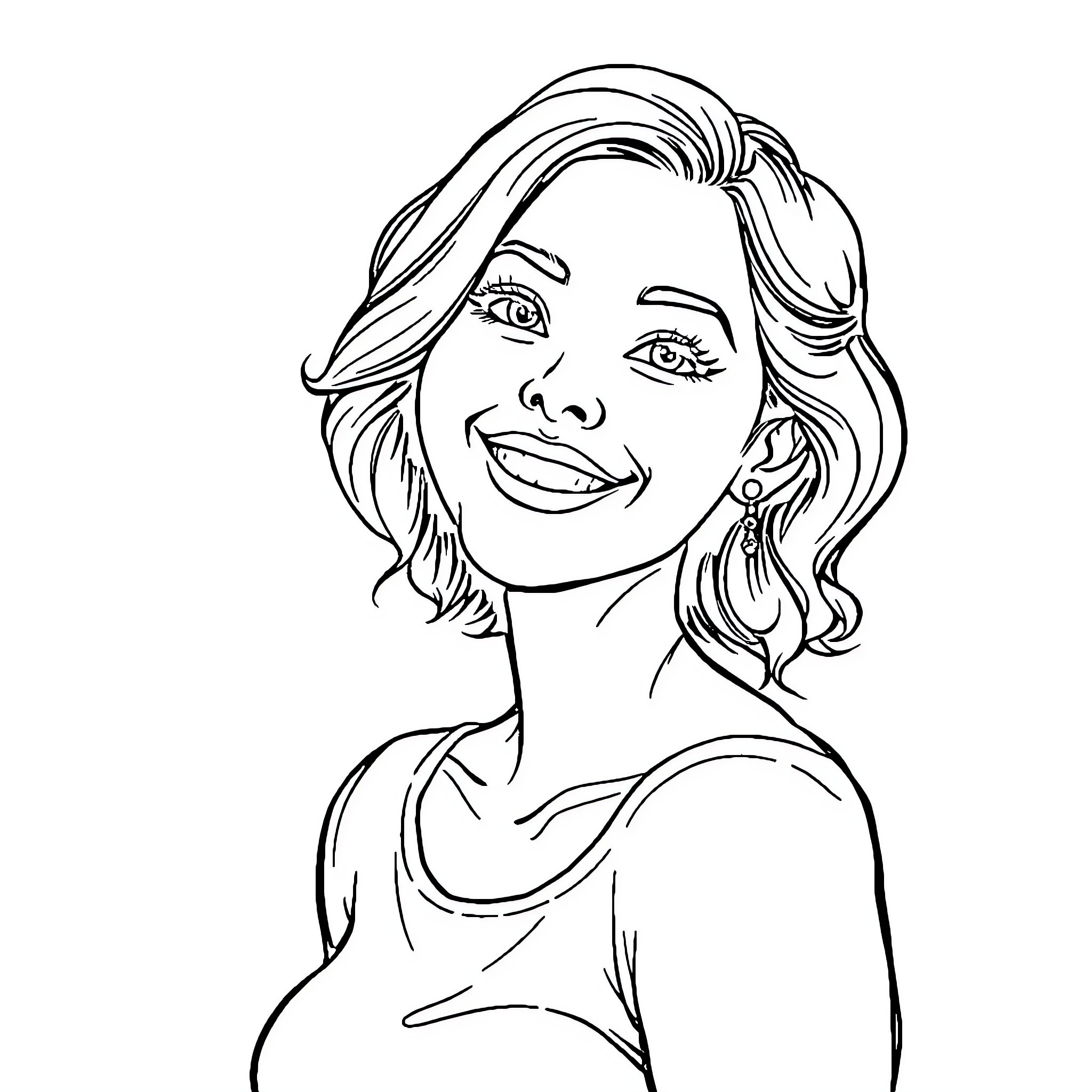 Signora smiling happily with stylish hairstyle Coloring Page (free black-and-white line drawing printable PDF for all, from beginners to advanced learners, including children, teens, adults, and seniors)