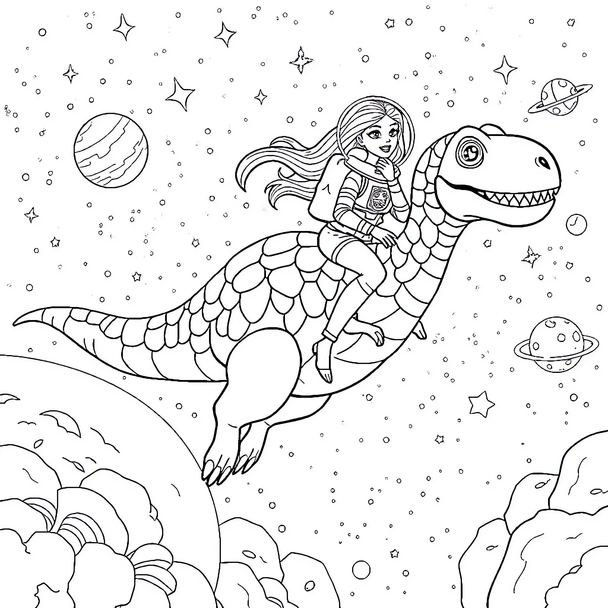 Barbie's Galactic Adventure on a Friendly Dinosaur Coloring Page (free black-and-white line drawing printable PDF for all, from beginners to advanced learners, including children, teens, adults, and seniors)
