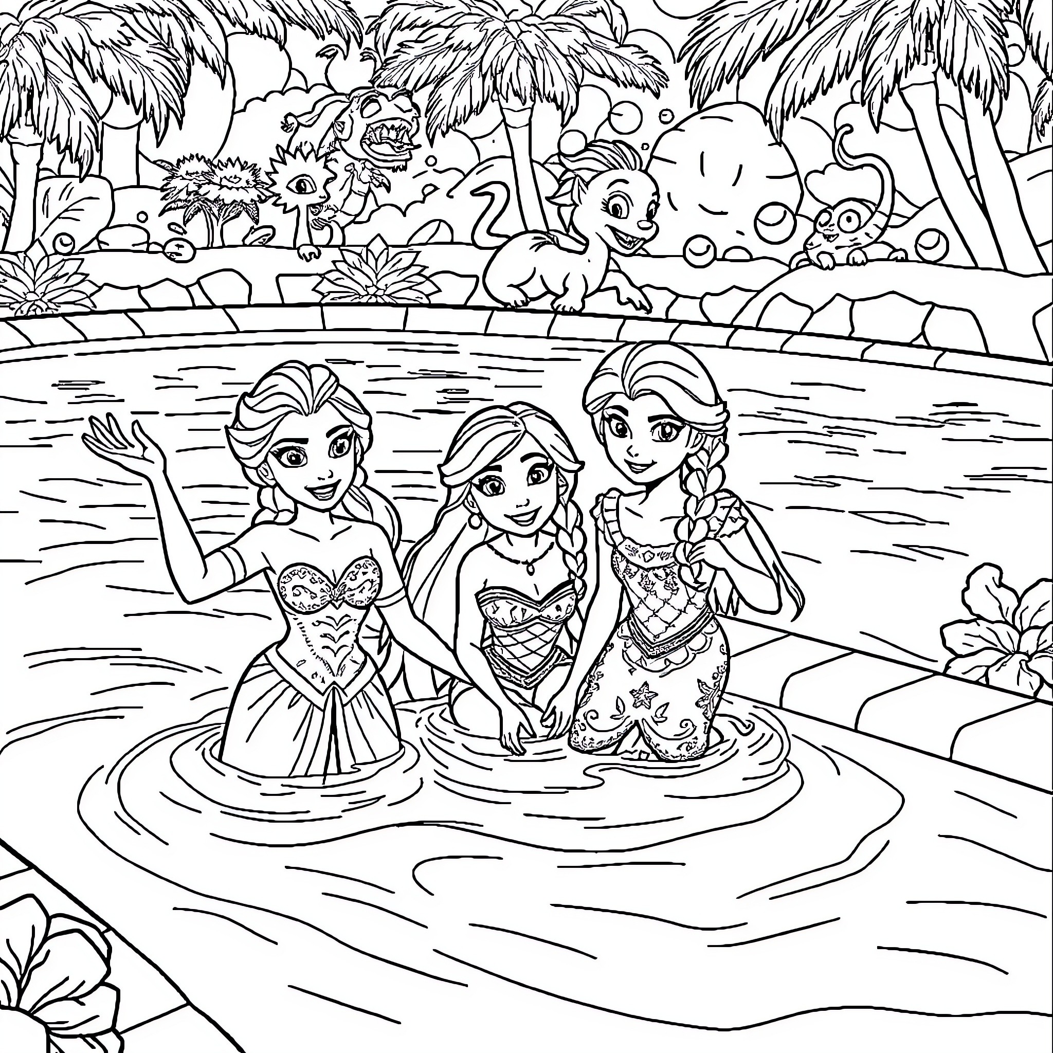 Princess Trio Splashing and Playing in Tropical Paradise Coloring Page (free black-and-white line drawing printable PDF for all, from beginners to advanced learners, including children, teens, adults, and seniors)