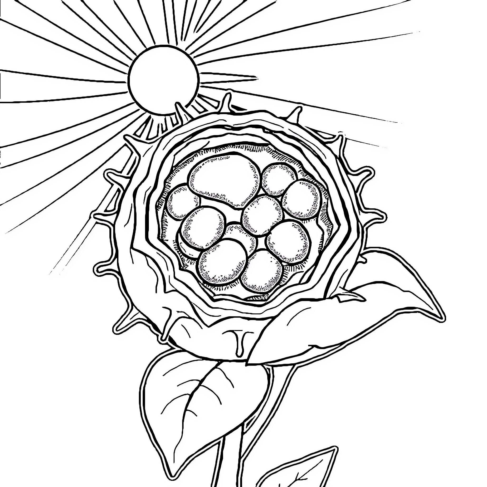 Plant Cell with Sunburst and Floral Elements Coloring Page (free black-and-white line drawing printable PDF for all, from beginners to advanced learners, including children, teens, adults, and seniors)