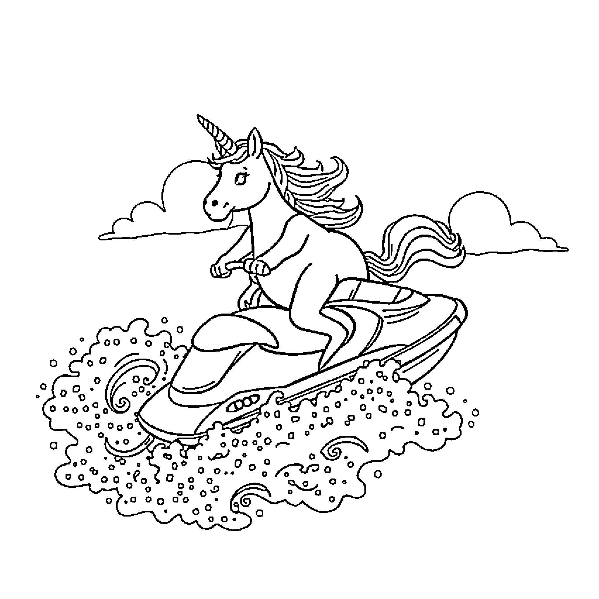 Unicorn riding a magic surfboard through the clouds Coloring Page (free black-and-white line drawing printable PDF for all, from beginners to advanced learners, including children, teens, adults, and seniors)