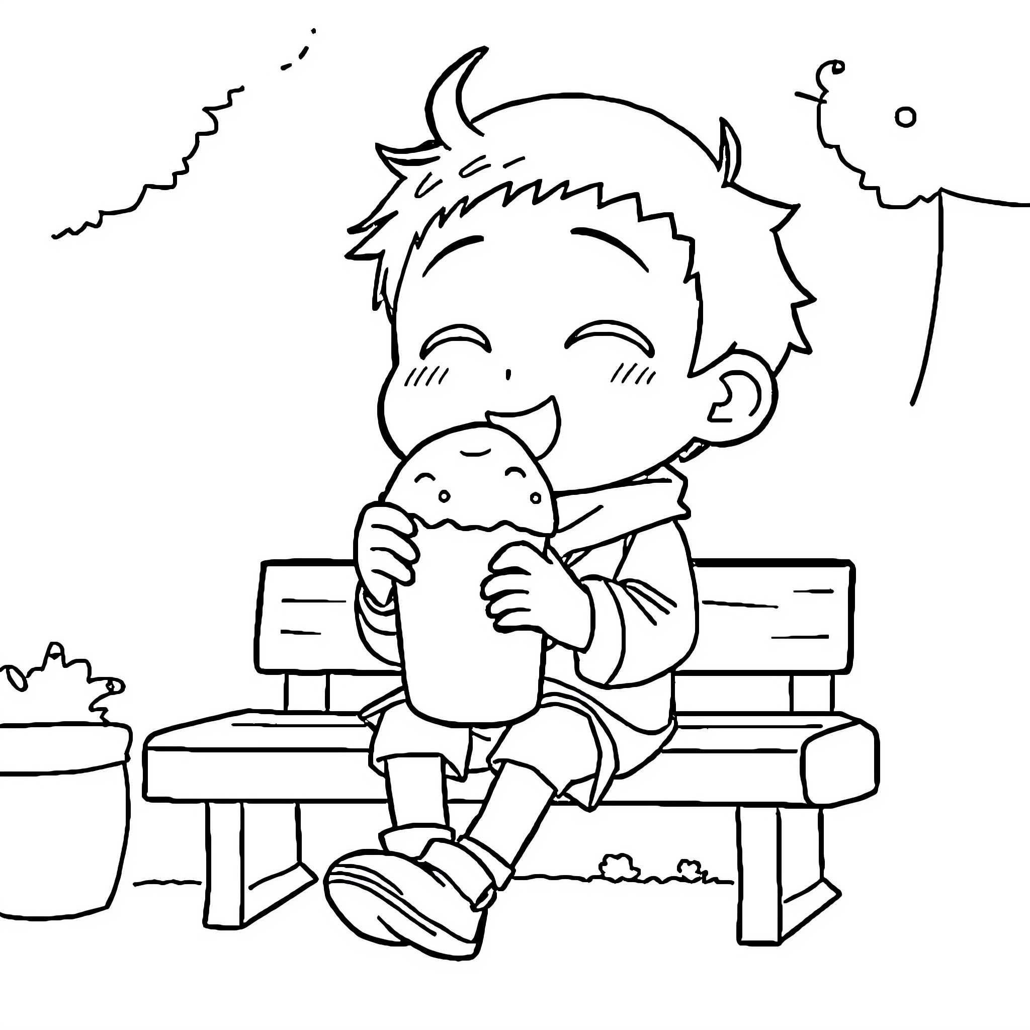 Yashiro enjoying a refreshing snack on a park bench Coloring Page (free black-and-white line drawing printable PDF for all, from beginners to advanced learners, including children, teens, adults, and seniors)