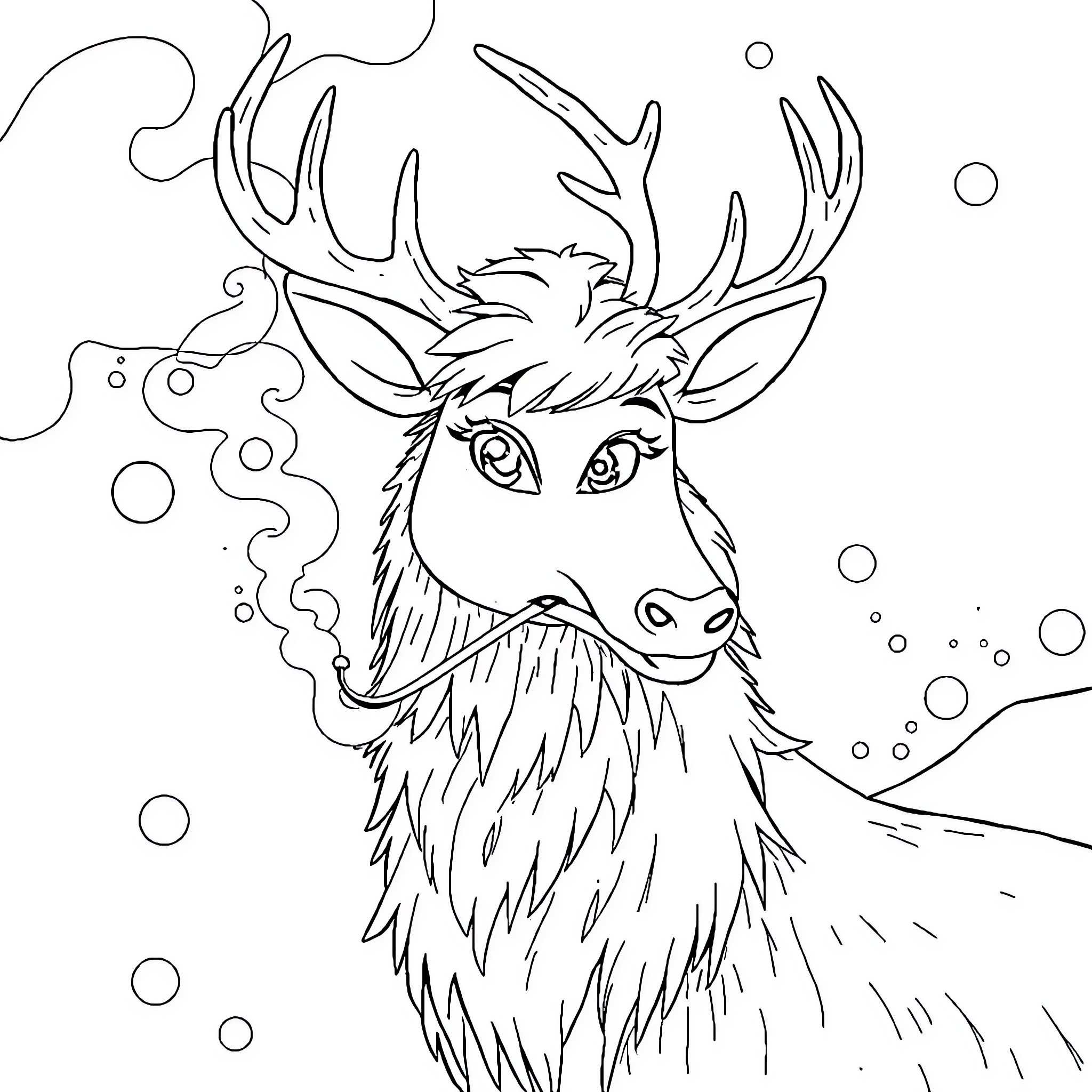 Snow Queen's Majestic Deer in Winter Wonderland Coloring Page (free black-and-white line drawing printable PDF for all, from beginners to advanced learners, including children, teens, adults, and seniors)