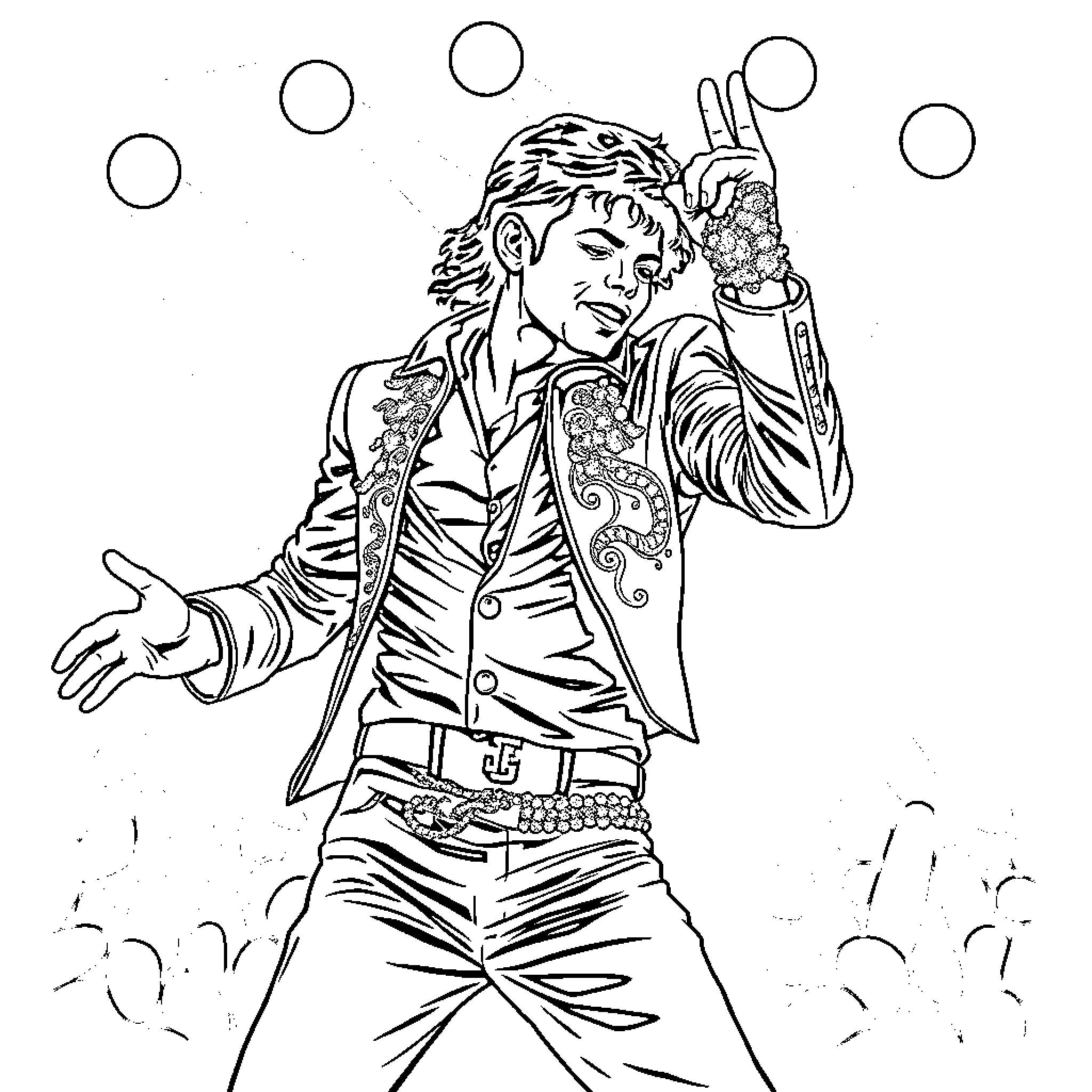 Michael Jackson performing his signature dance moves Coloring Page (free black-and-white line drawing printable PDF for all, from beginners to advanced learners, including children, teens, adults, and seniors)