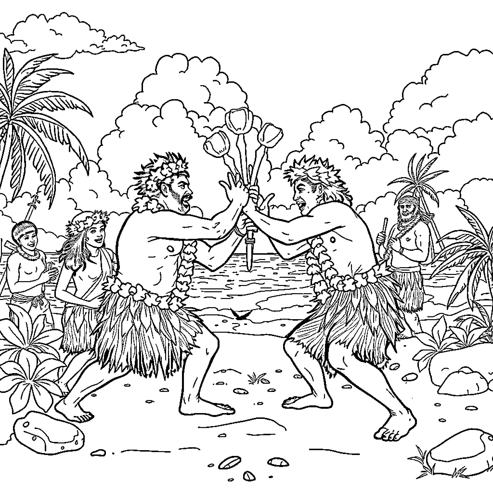 Hawaiian tribal dancers performing at a beach party Coloring Page (free black-and-white line drawing printable PDF for all, from beginners to advanced learners, including children, teens, adults, and seniors)