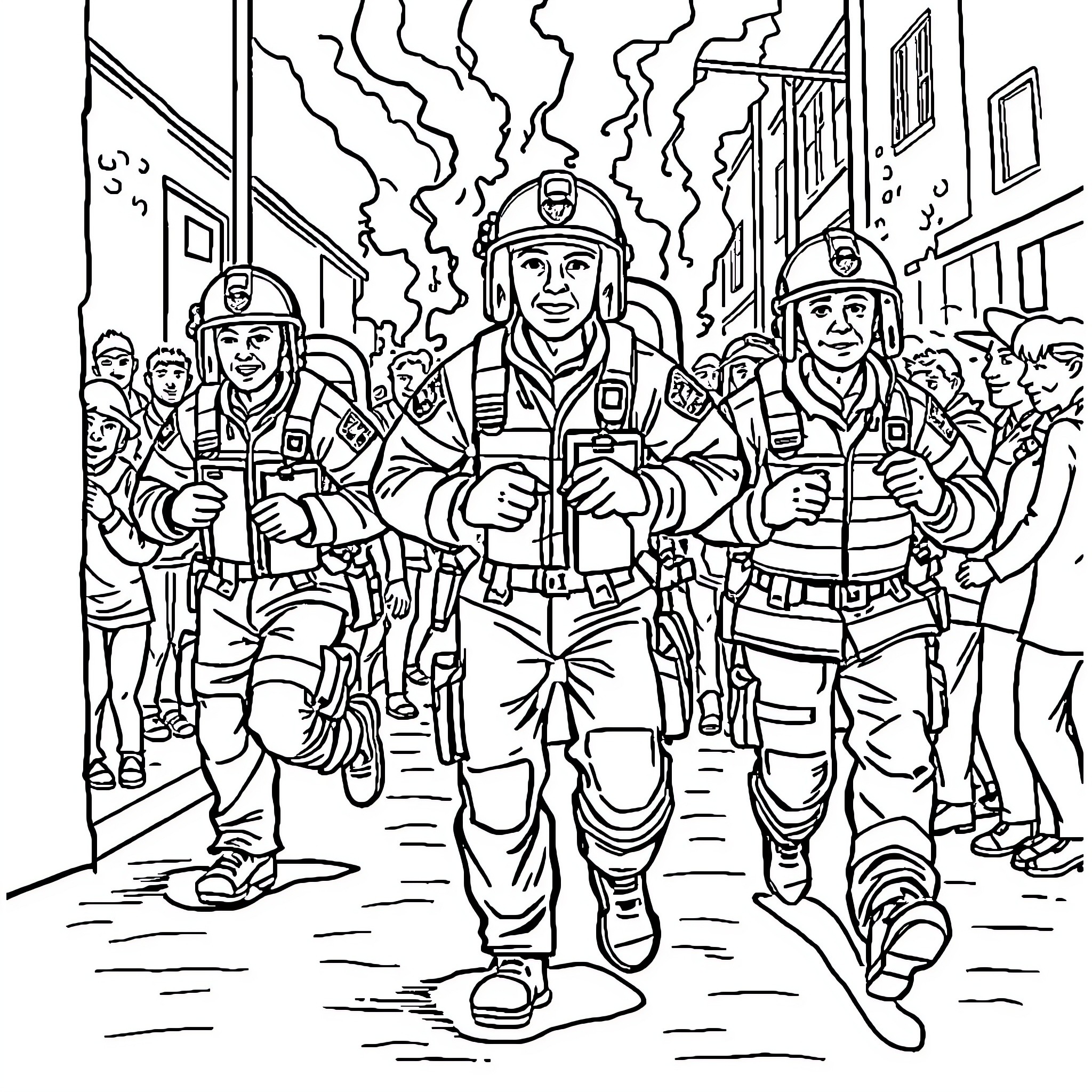 Responder Firefighters Rushing to Respond to Emergency Coloring Page (free black-and-white line drawing printable PDF for all, from beginners to advanced learners, including children, teens, adults, and seniors)
