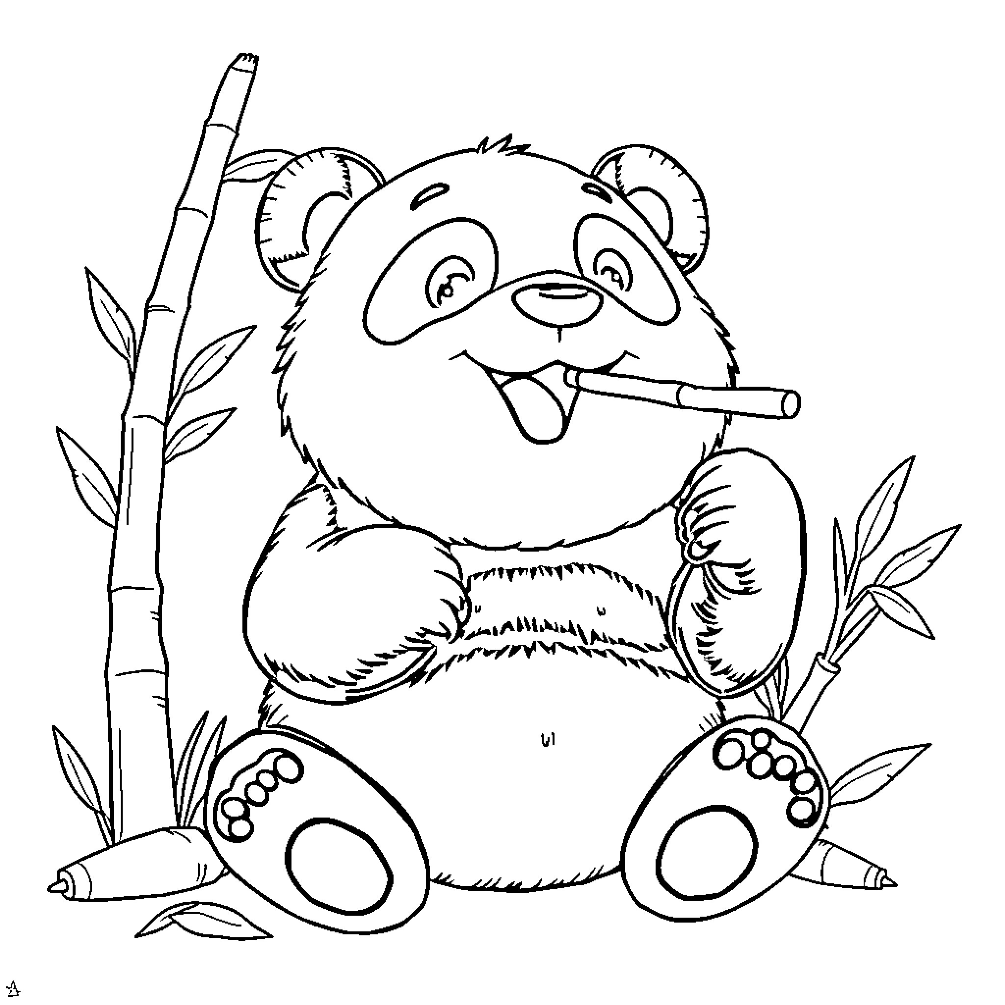 Panda coloring and playing with pencils in nature Coloring Page (free black-and-white line drawing printable PDF for all, from beginners to advanced learners, including children, teens, adults, and seniors)