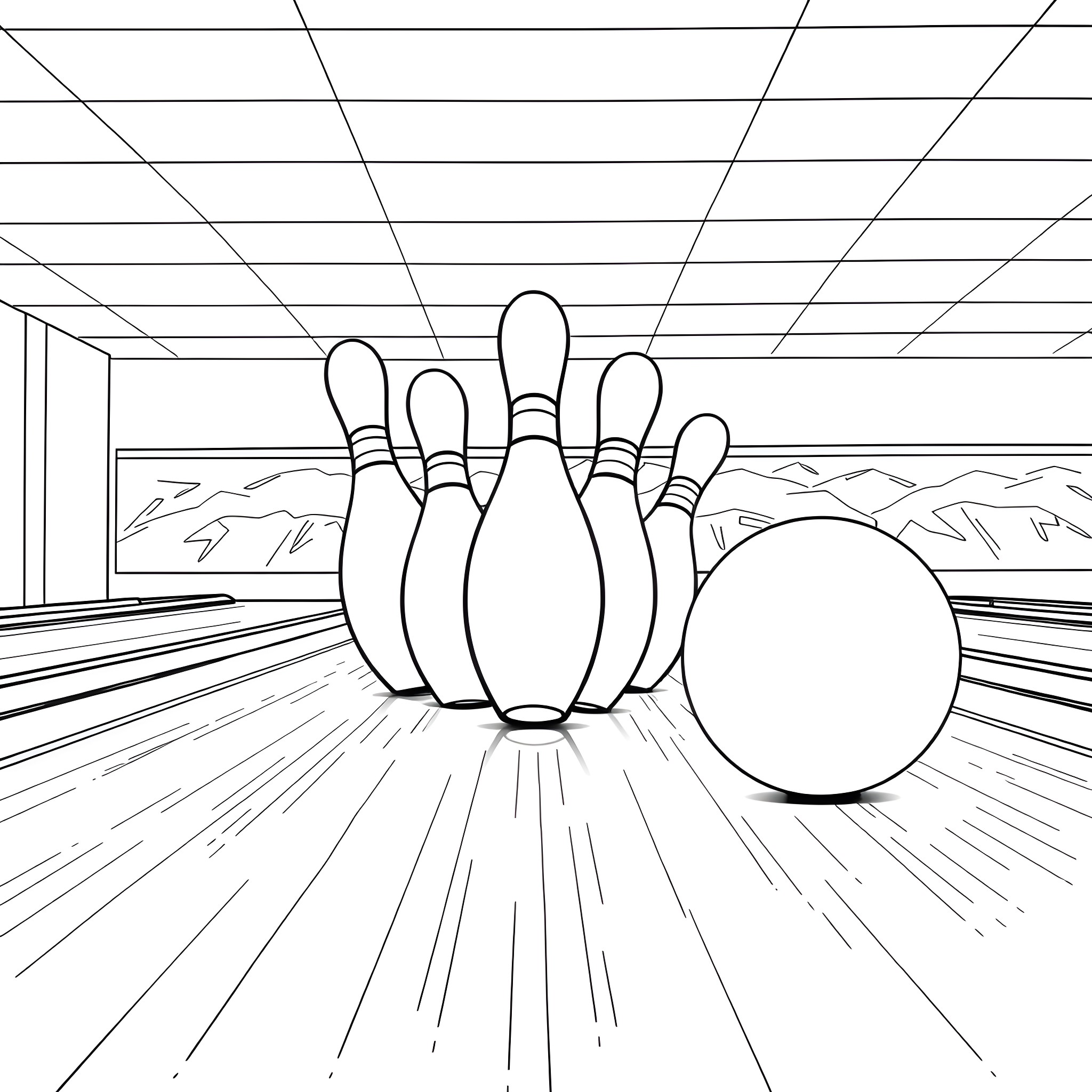 Bowling Pin Strikes a Pose on the Alley Coloring Page (free black-and-white line drawing printable PDF for all, from beginners to advanced learners, including children, teens, adults, and seniors)