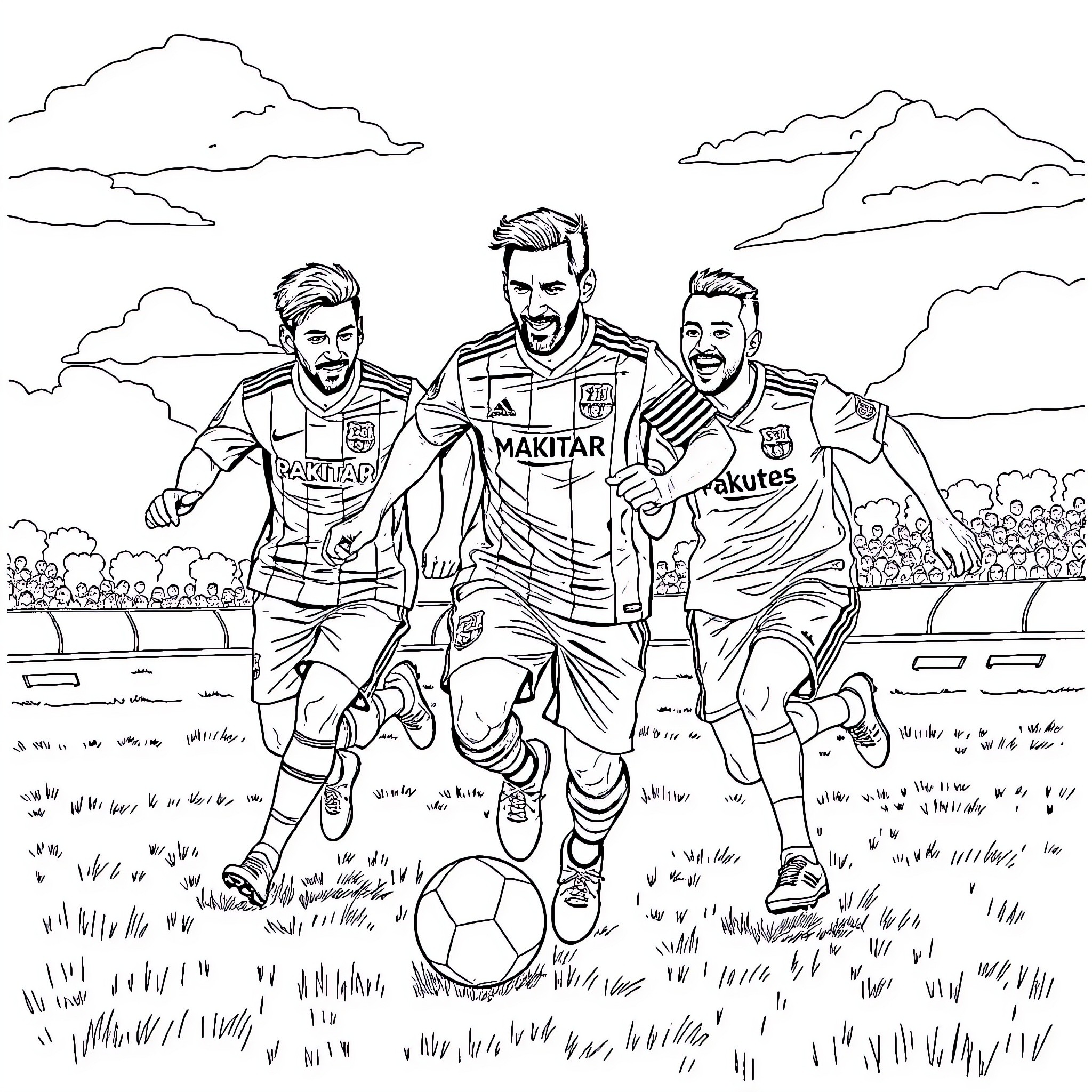 Messi and teammates celebrating on the field Coloring Page (free black-and-white line drawing printable PDF for all, from beginners to advanced learners, including children, teens, adults, and seniors)