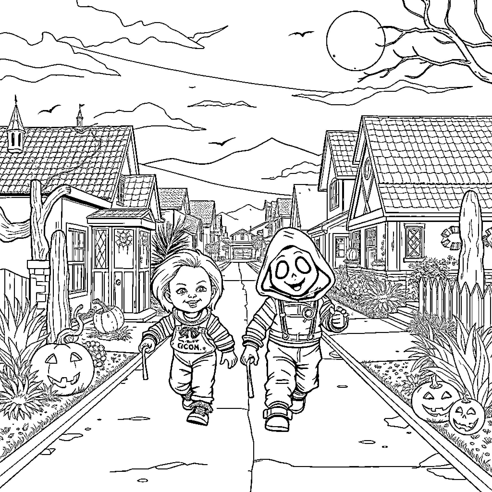 Chucky Walks with Friends in Spooky Town Coloring Page (free black-and-white line drawing printable PDF for all, from beginners to advanced learners, including children, teens, adults, and seniors)