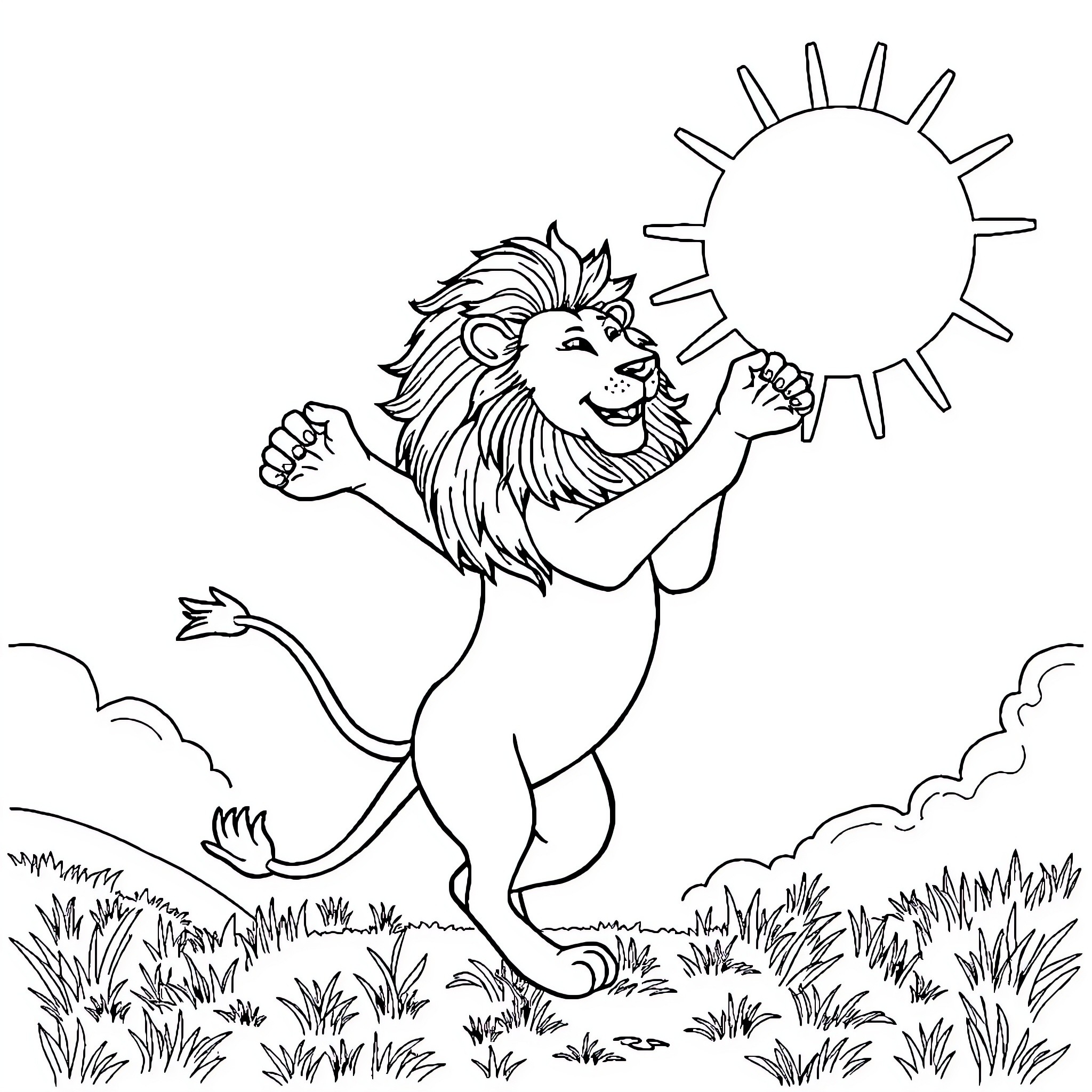 Lion Joyfully Embracing the Sun Coloring Page (free black-and-white line drawing printable PDF for all, from beginners to advanced learners, including children, teens, adults, and seniors)