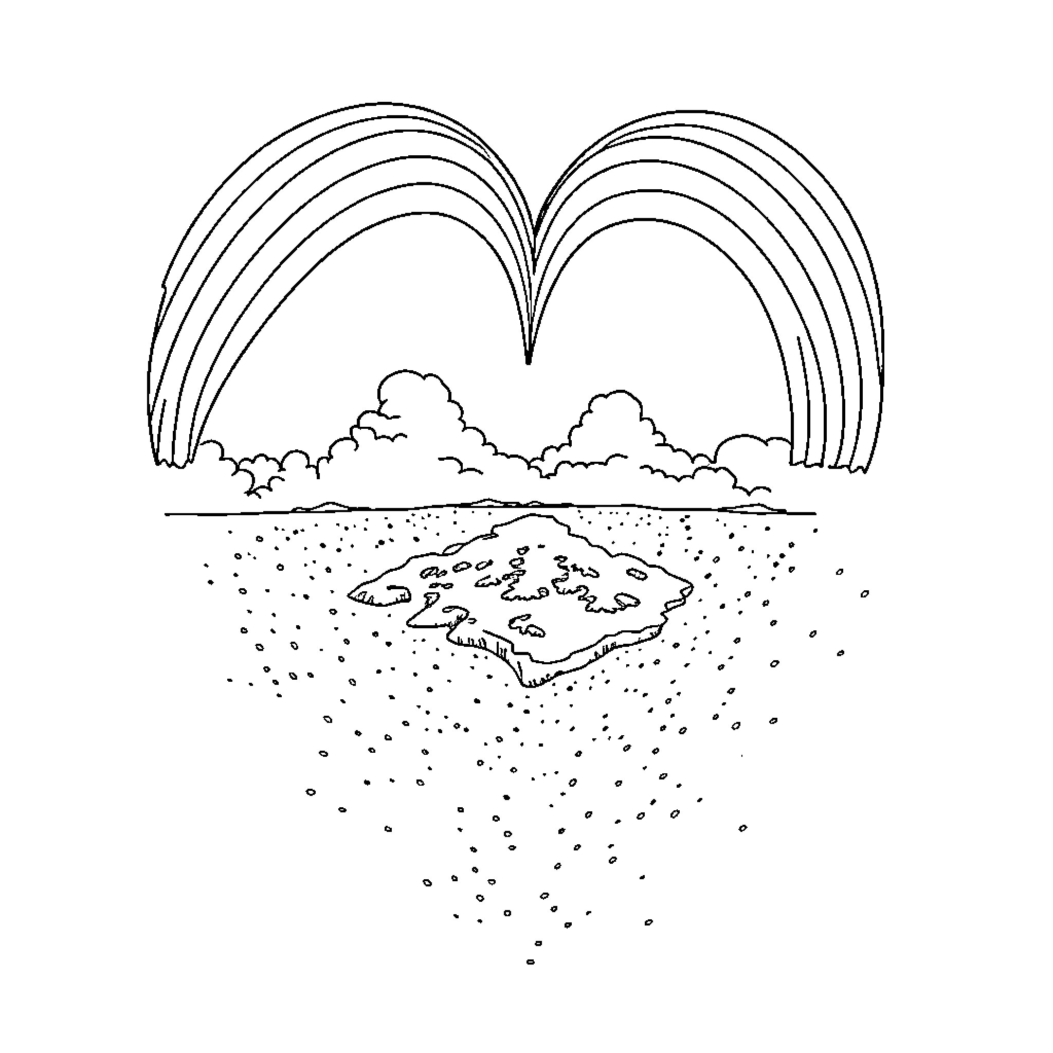 Heart-shaped clouds shower water over the landscape Coloring Page (free black-and-white line drawing printable PDF for all, from beginners to advanced learners, including children, teens, adults, and seniors)