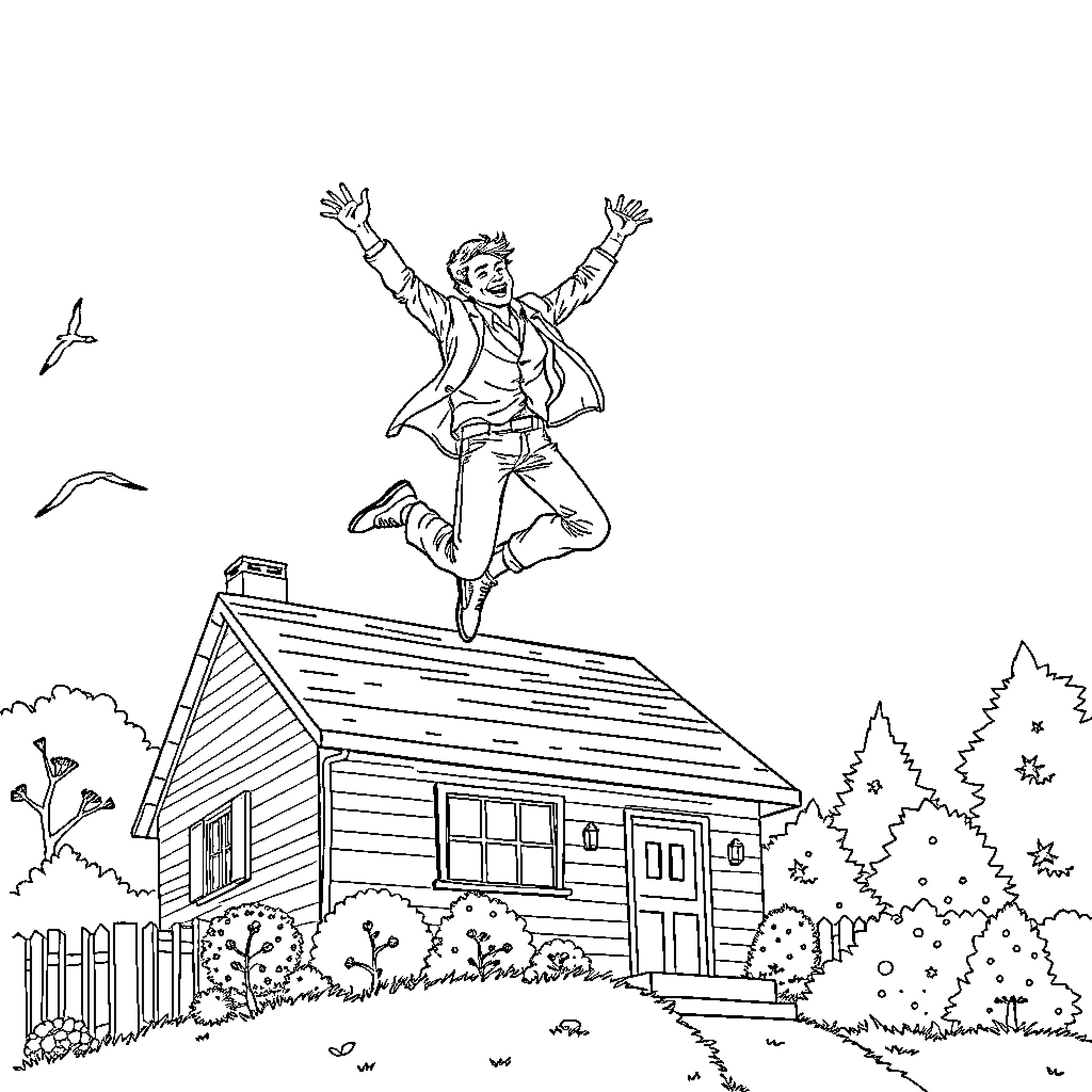 Homme joyeusement sautant au-dessus d'une maison de campagne Coloring Page (free black-and-white line drawing printable PDF for all, from beginners to advanced learners, including children, teens, adults, and seniors)
