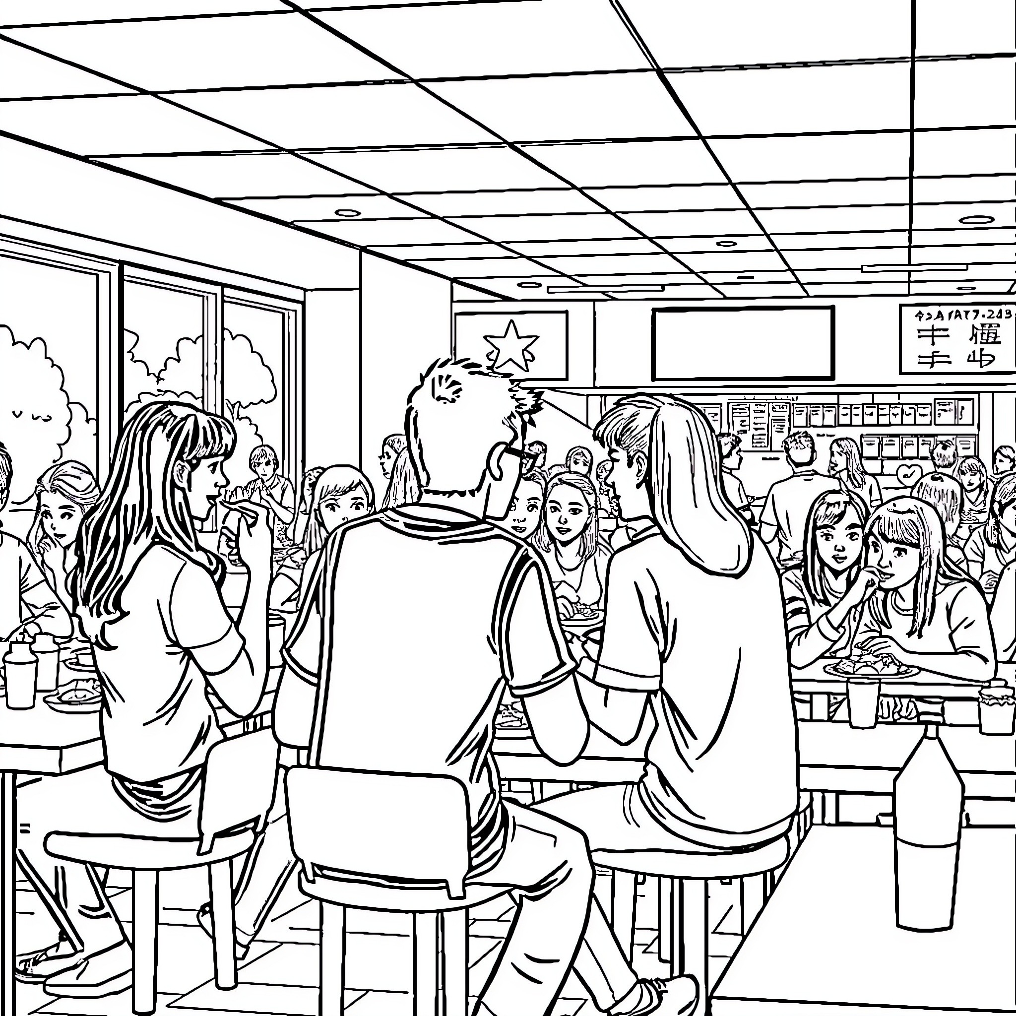 Cafeteria with students socializing and relaxing Coloring Page (free black-and-white line drawing printable PDF for all, from beginners to advanced learners, including children, teens, adults, and seniors)