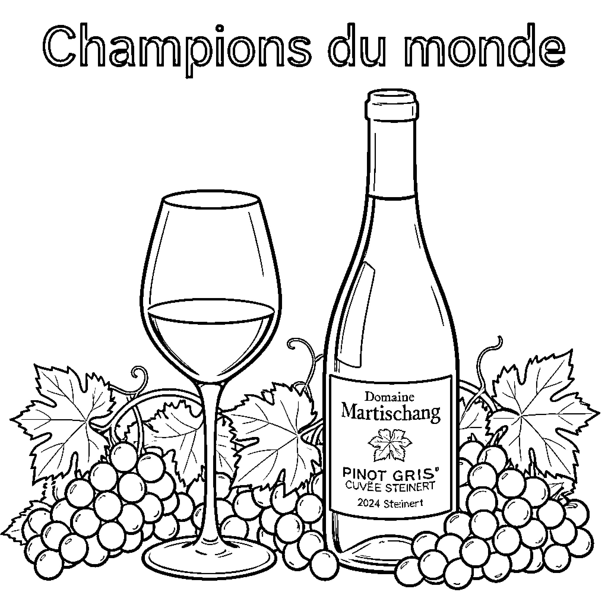 Wine bottle and glass surrounded by fresh grapes Coloring Page (free black-and-white line drawing printable PDF for all, from beginners to advanced learners, including children, teens, adults, and seniors)