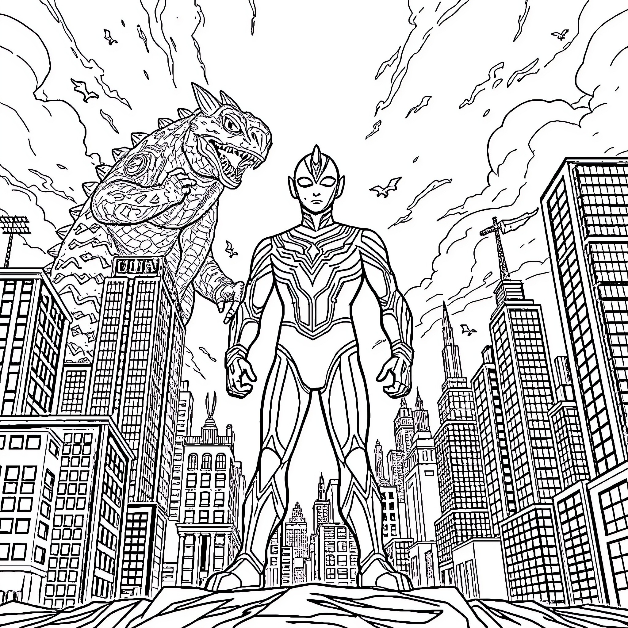 Ultraman battles a giant monster in the city Coloring Page (free black-and-white line drawing printable PDF for all, from beginners to advanced learners, including children, teens, adults, and seniors)