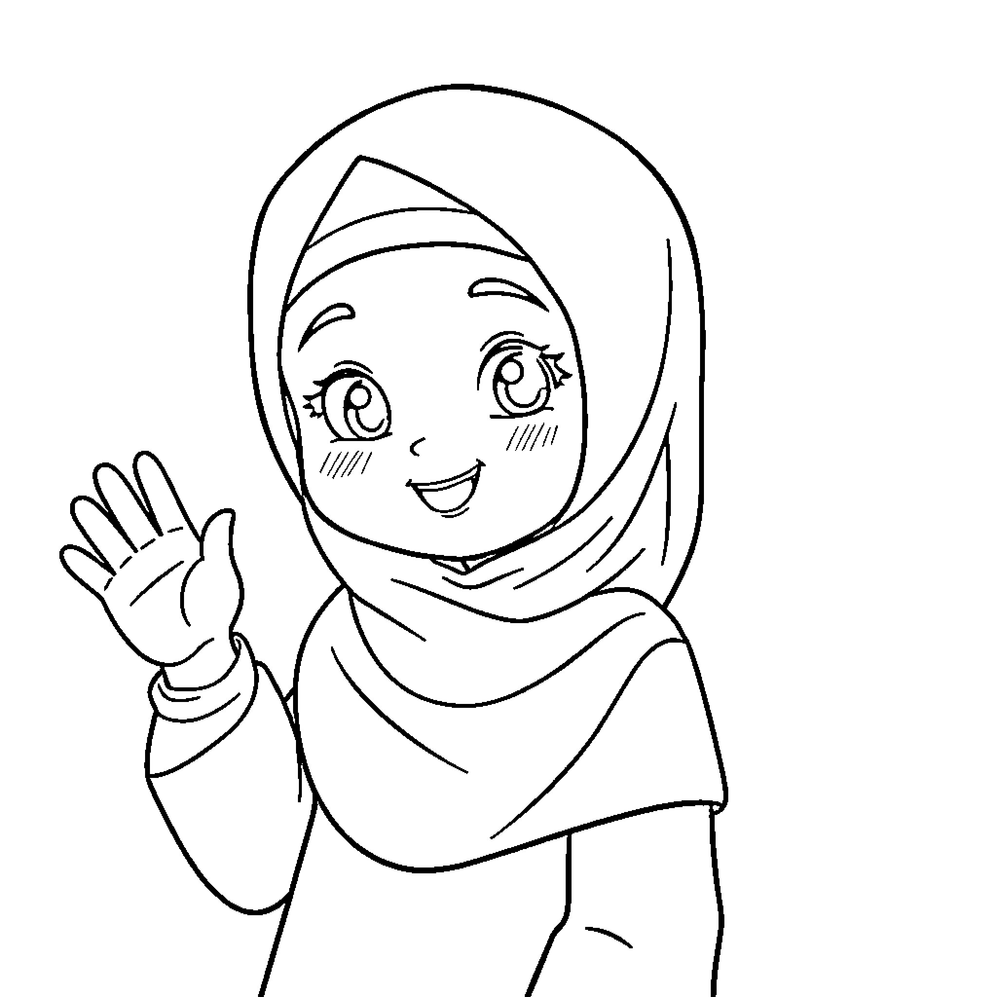 Muslim Girl Cheerfully Waving Coloring Page (free black-and-white line drawing printable PDF for all, from beginners to advanced learners, including children, teens, adults, and seniors)