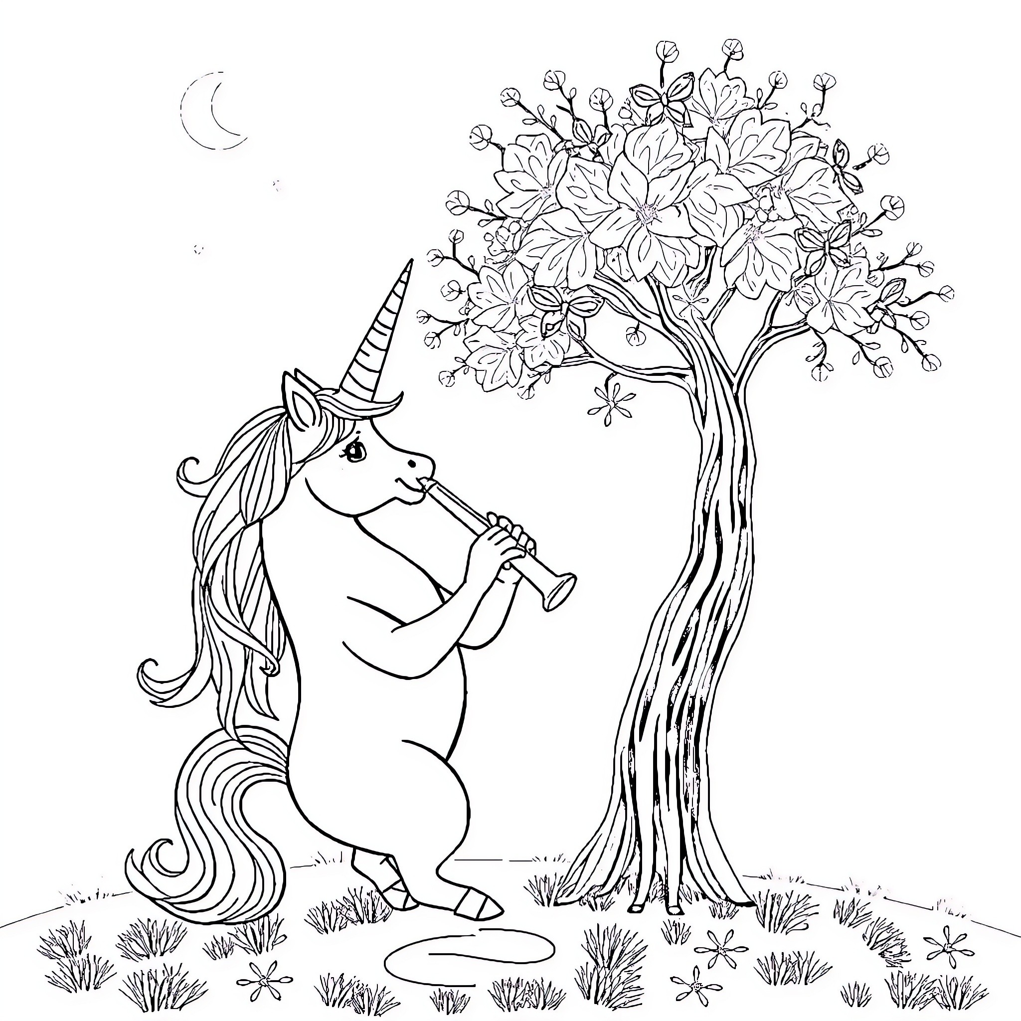 Unicorn playing music under a flowery tree Coloring Page (free black-and-white line drawing printable PDF for all, from beginners to advanced learners, including children, teens, adults, and seniors)