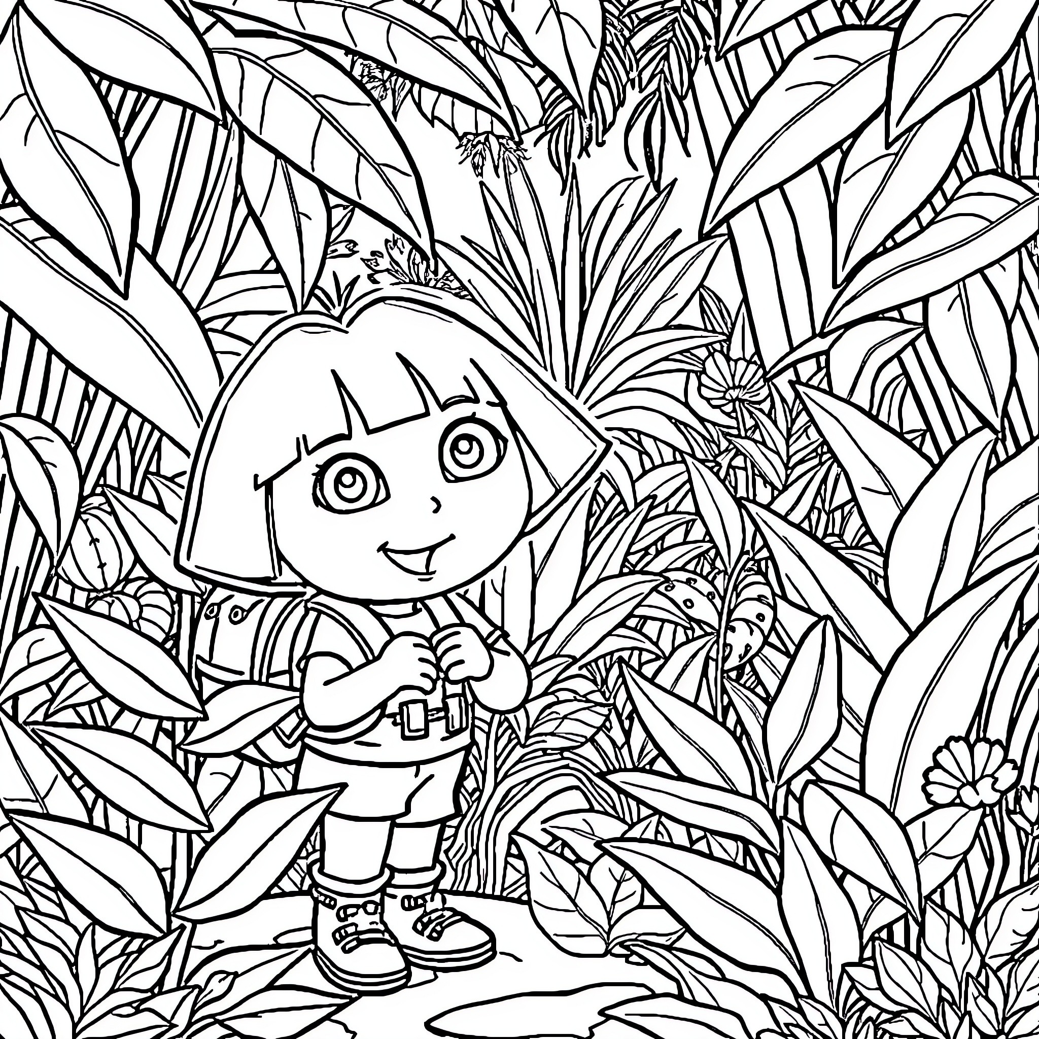 Dora exploring the tropical jungle Coloring Page (free black-and-white line drawing printable PDF for all, from beginners to advanced learners, including children, teens, adults, and seniors)