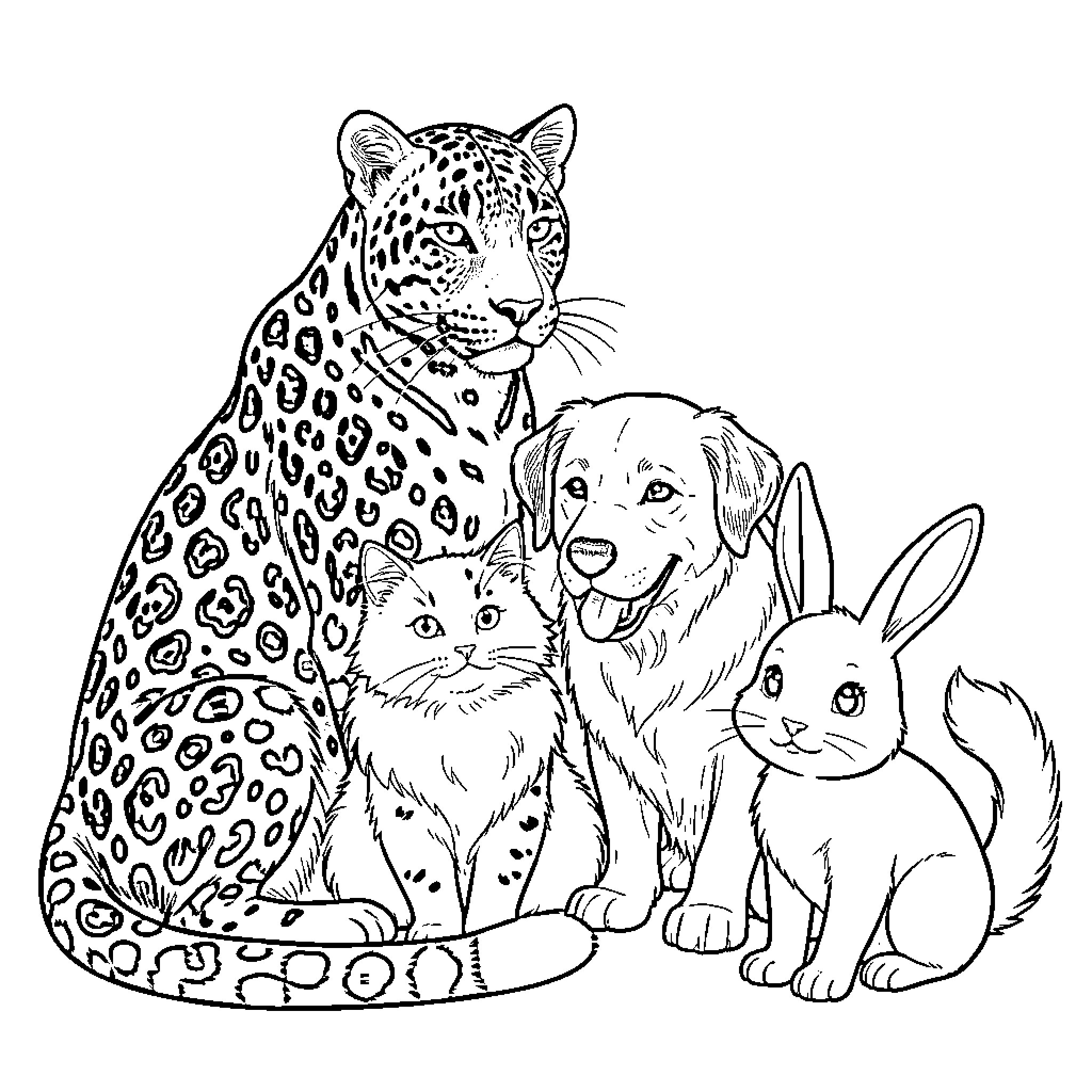 Leopard with domestic animals in the wild Coloring Page (free black-and-white line drawing printable PDF for all, from beginners to advanced learners, including children, teens, adults, and seniors)