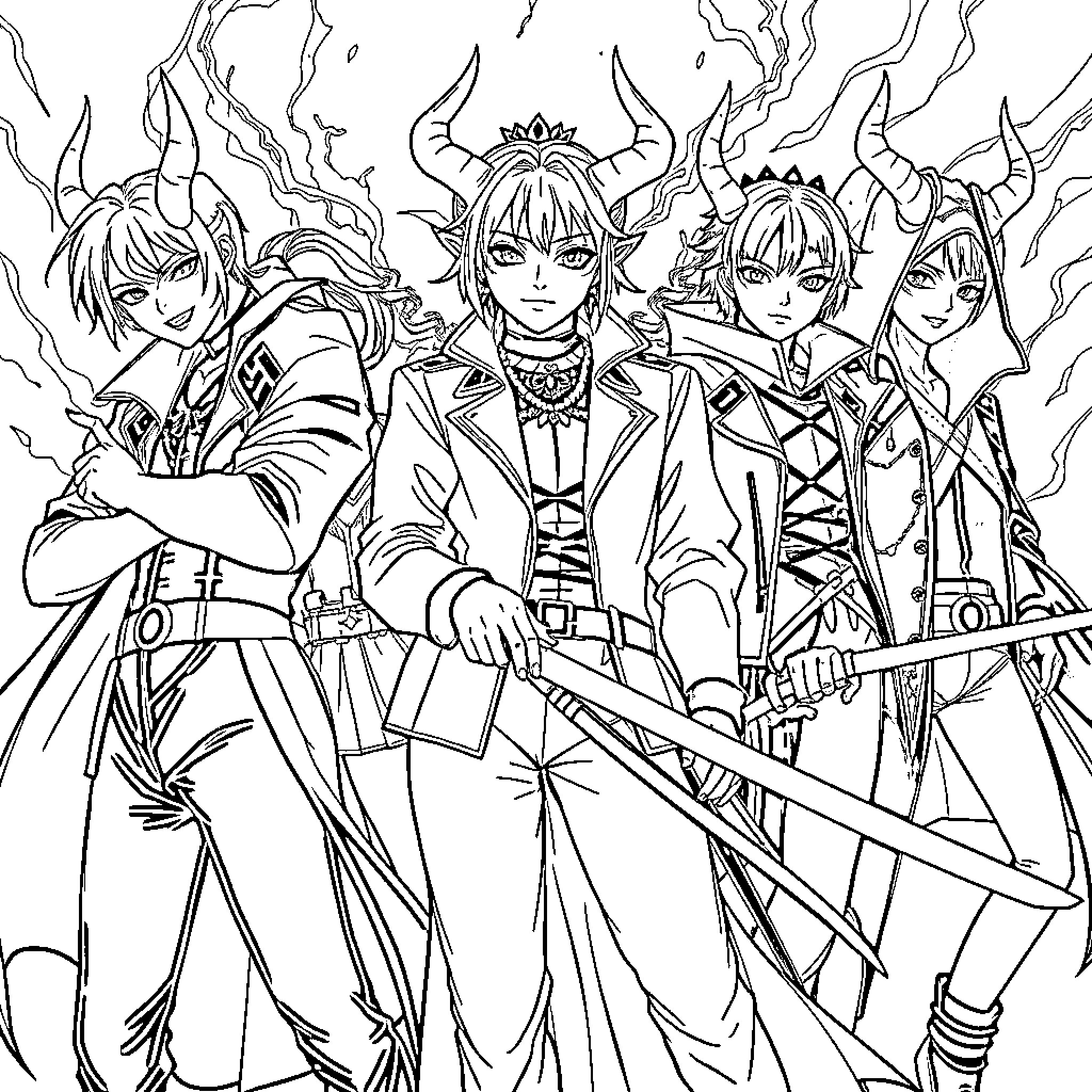 Demon Hunters in Fierce Battle Stance Coloring Page (free black-and-white line drawing printable PDF for all, from beginners to advanced learners, including children, teens, adults, and seniors)