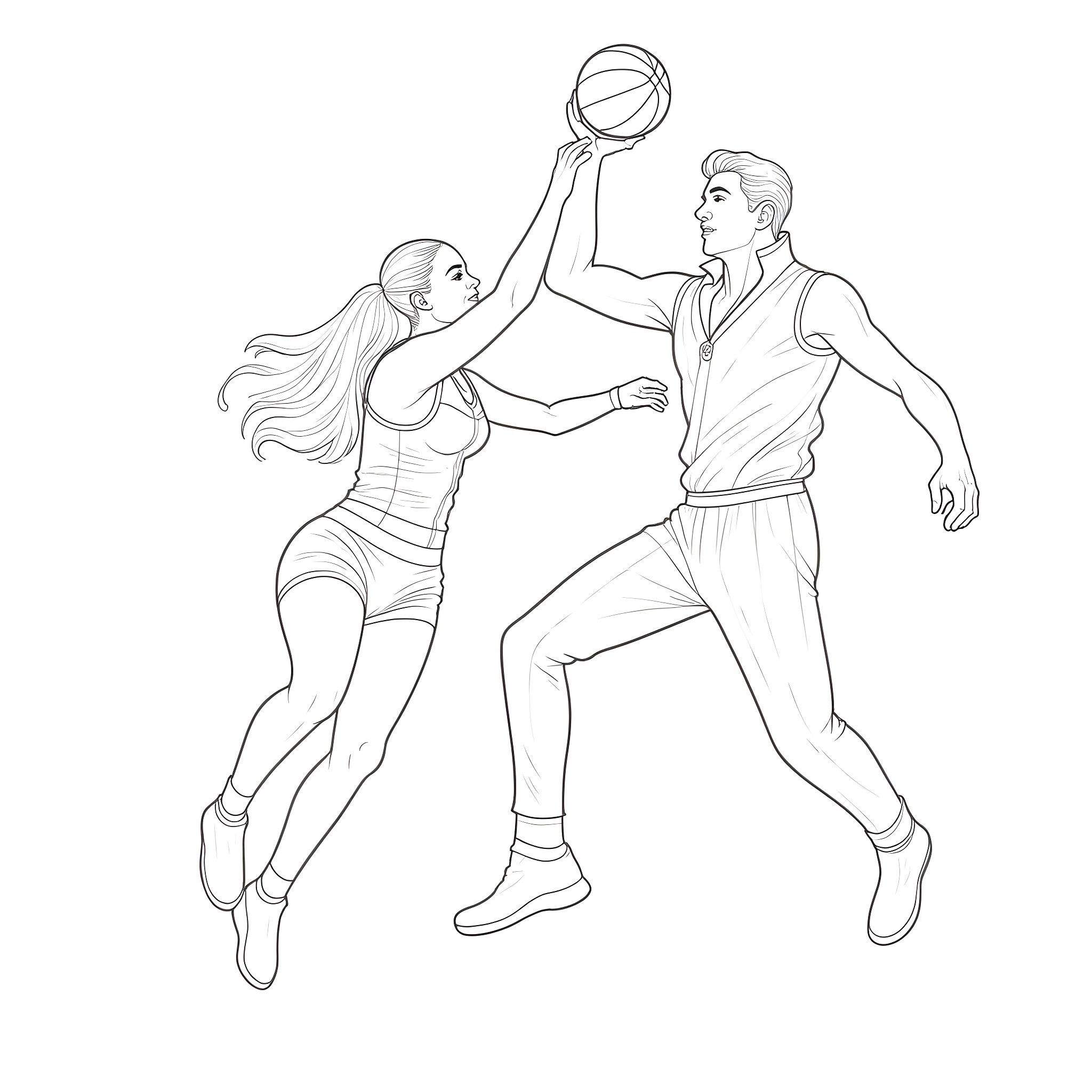 Beyonce and partner playing basketball Coloring Page (free black-and-white line drawing printable PDF for all, from beginners to advanced learners, including children, teens, adults, and seniors)
