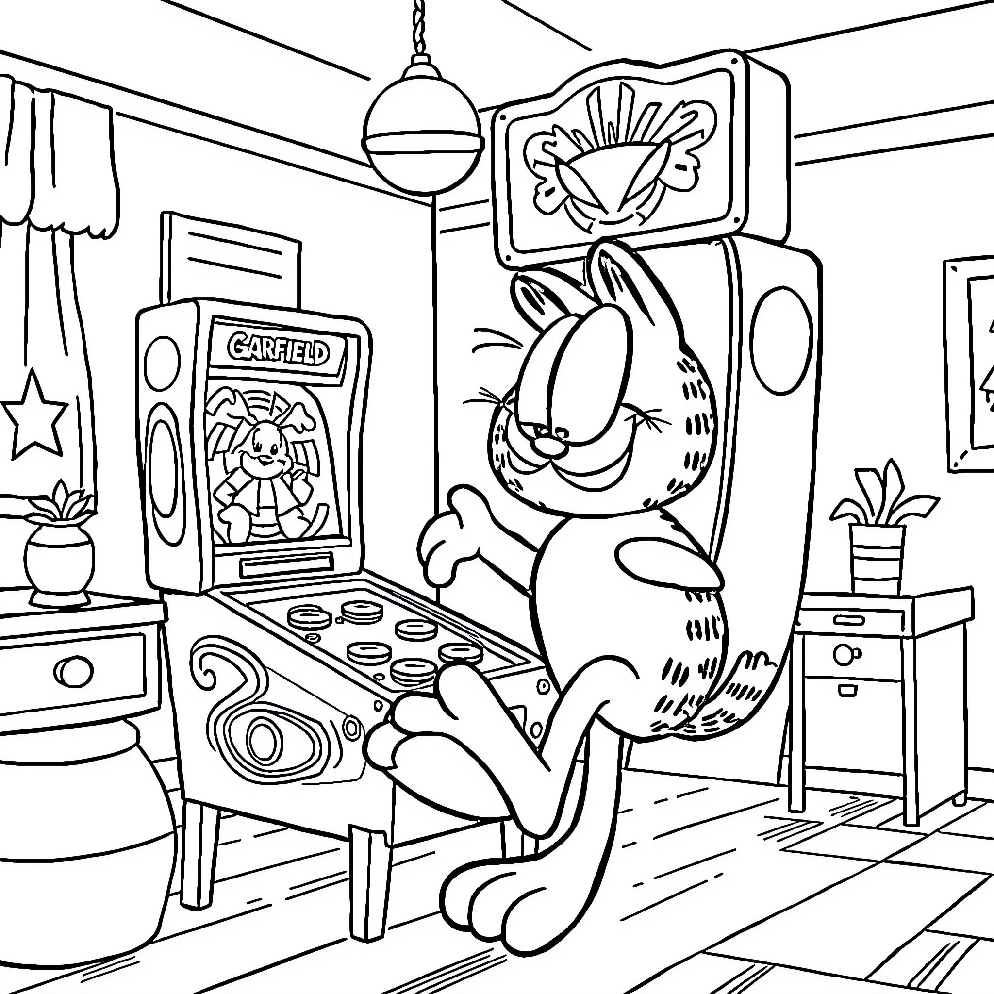 Garfield playing video games in the room Coloring Page (free black-and-white line drawing printable PDF for all, from beginners to advanced learners, including children, teens, adults, and seniors)