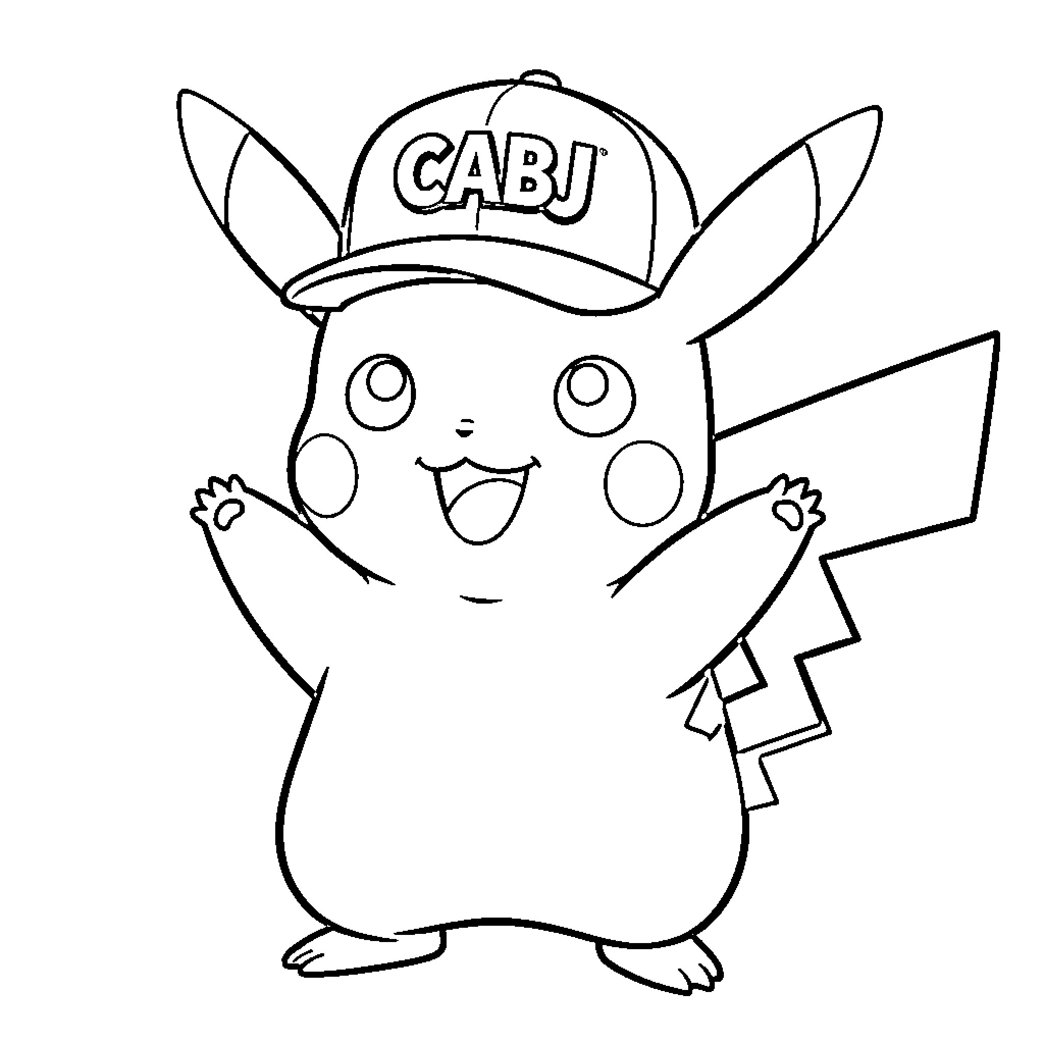 Pikachu wearing a CABJ hat and expressing joy Coloring Page (free black-and-white line drawing printable PDF for all, from beginners to advanced learners, including children, teens, adults, and seniors)